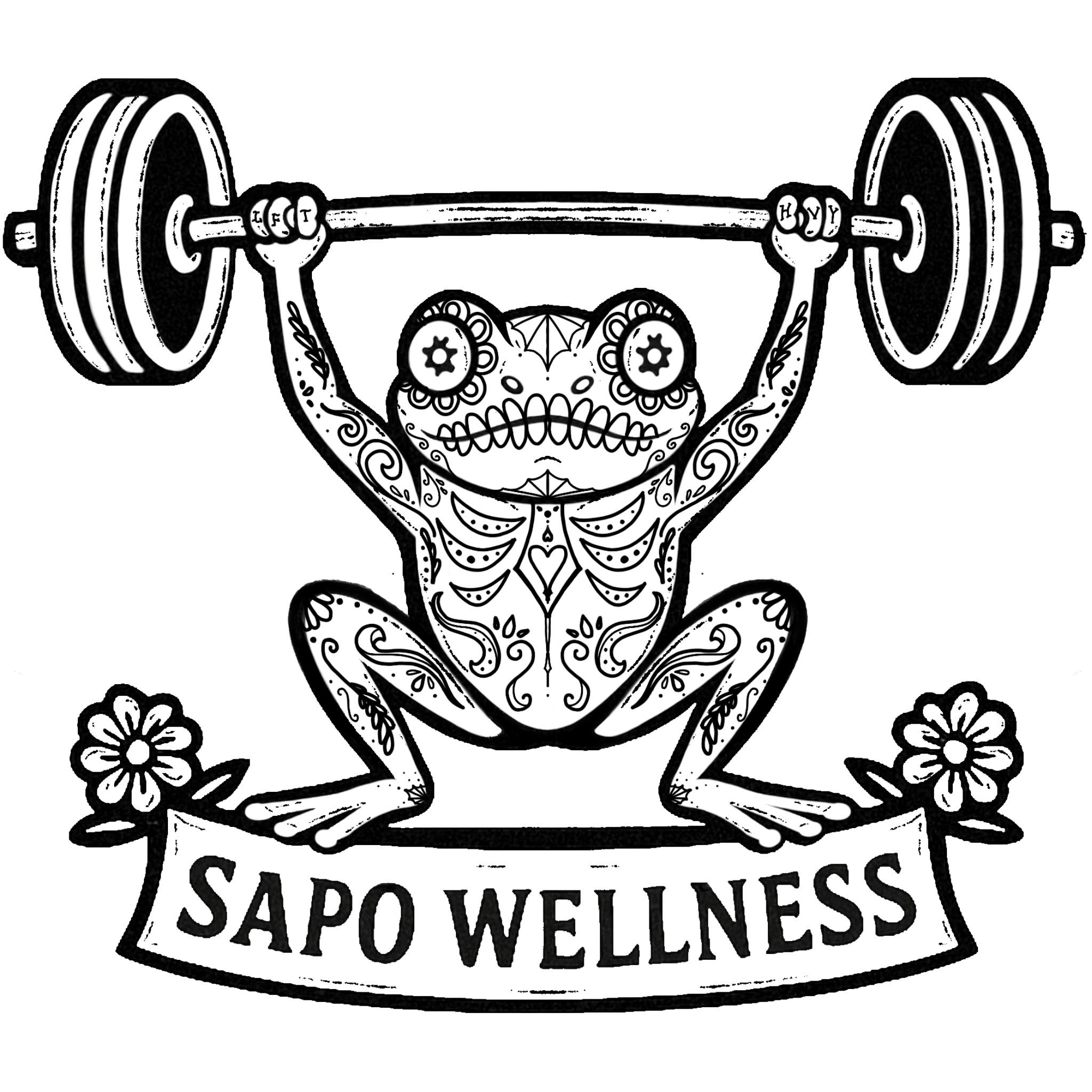 A frog lifting weights with a barbell, surrounded by flowers, with the words 'Sapo Wellness' on a banner below.