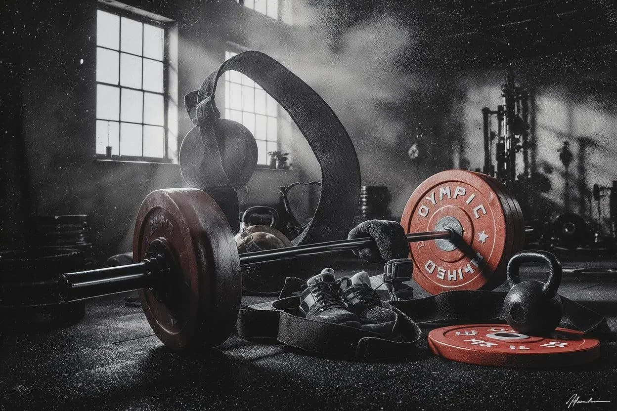 Weightlifting equipment including a barbell with red Olympic plates, a kettlebell, a resistance band, and a jump rope on a gym floor with sunlight streaming through large windows.