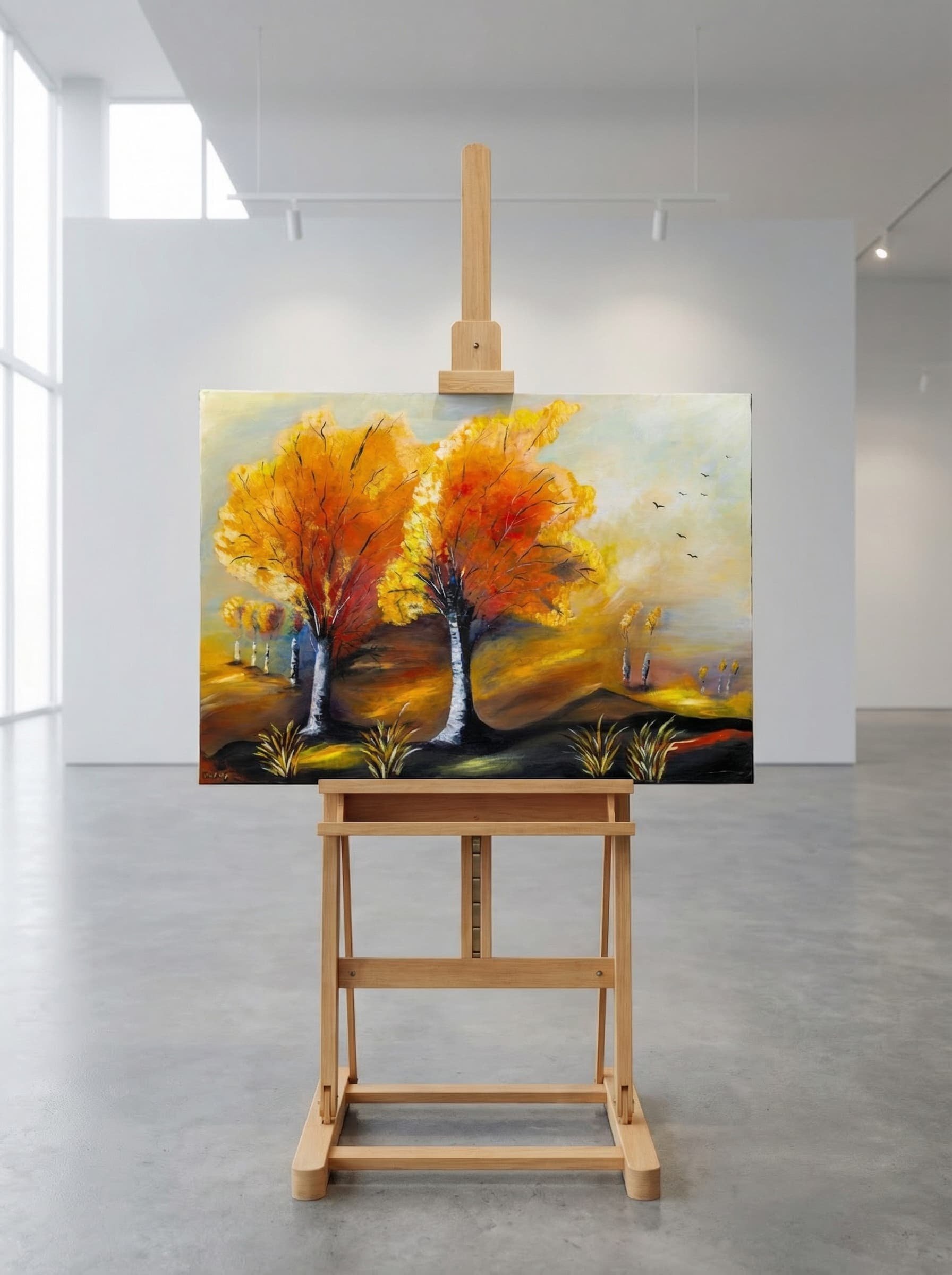 Gemälde eines Herbstwalds mit zwei orangefarbenen Bäumen auf einer Staffelei in einem Kunstmuseum.