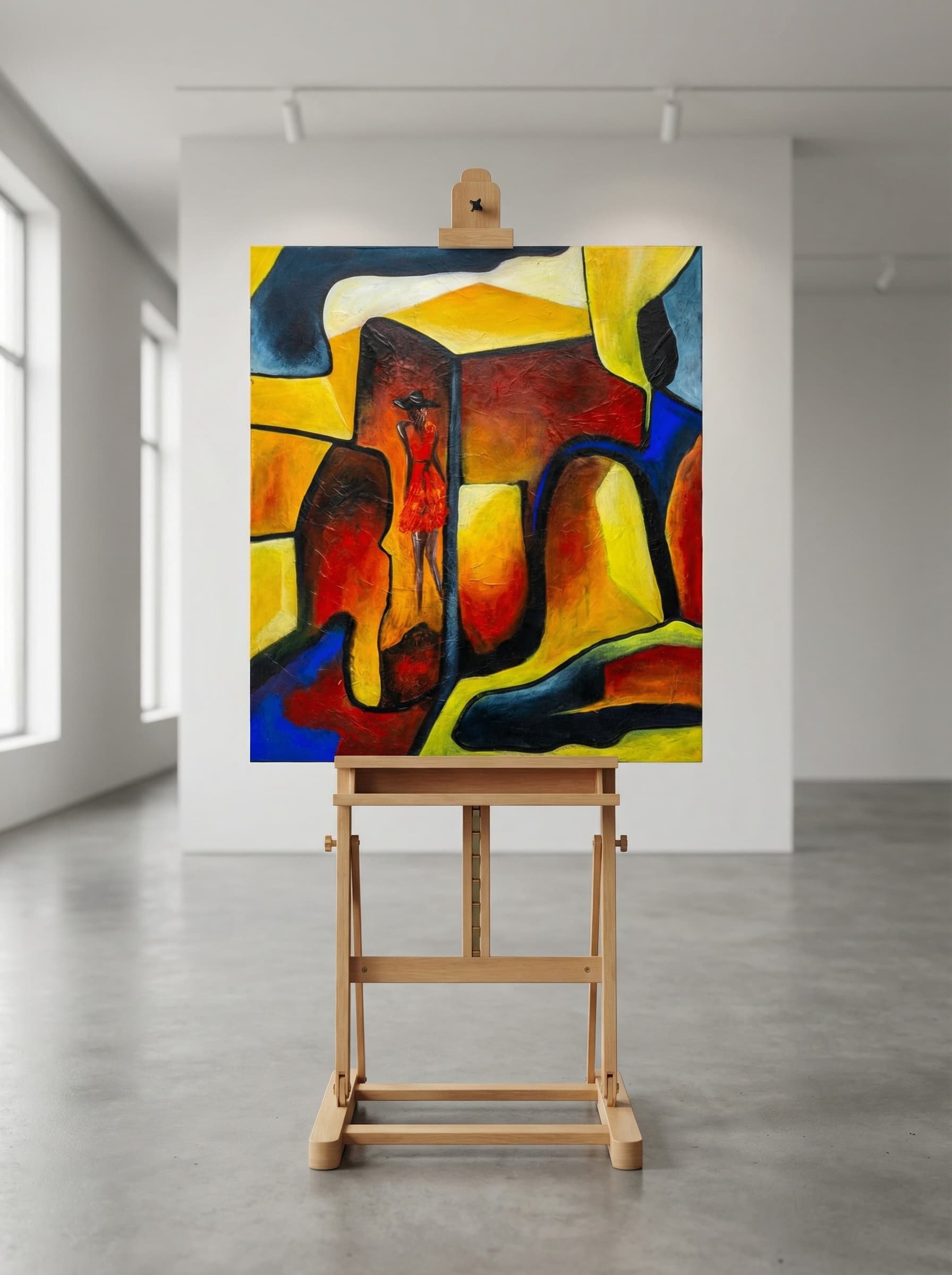 Ein farbiges abstraktes Gemälde auf einer Staffelei in einem modernen, hellen Raum mit großen Fenstern.