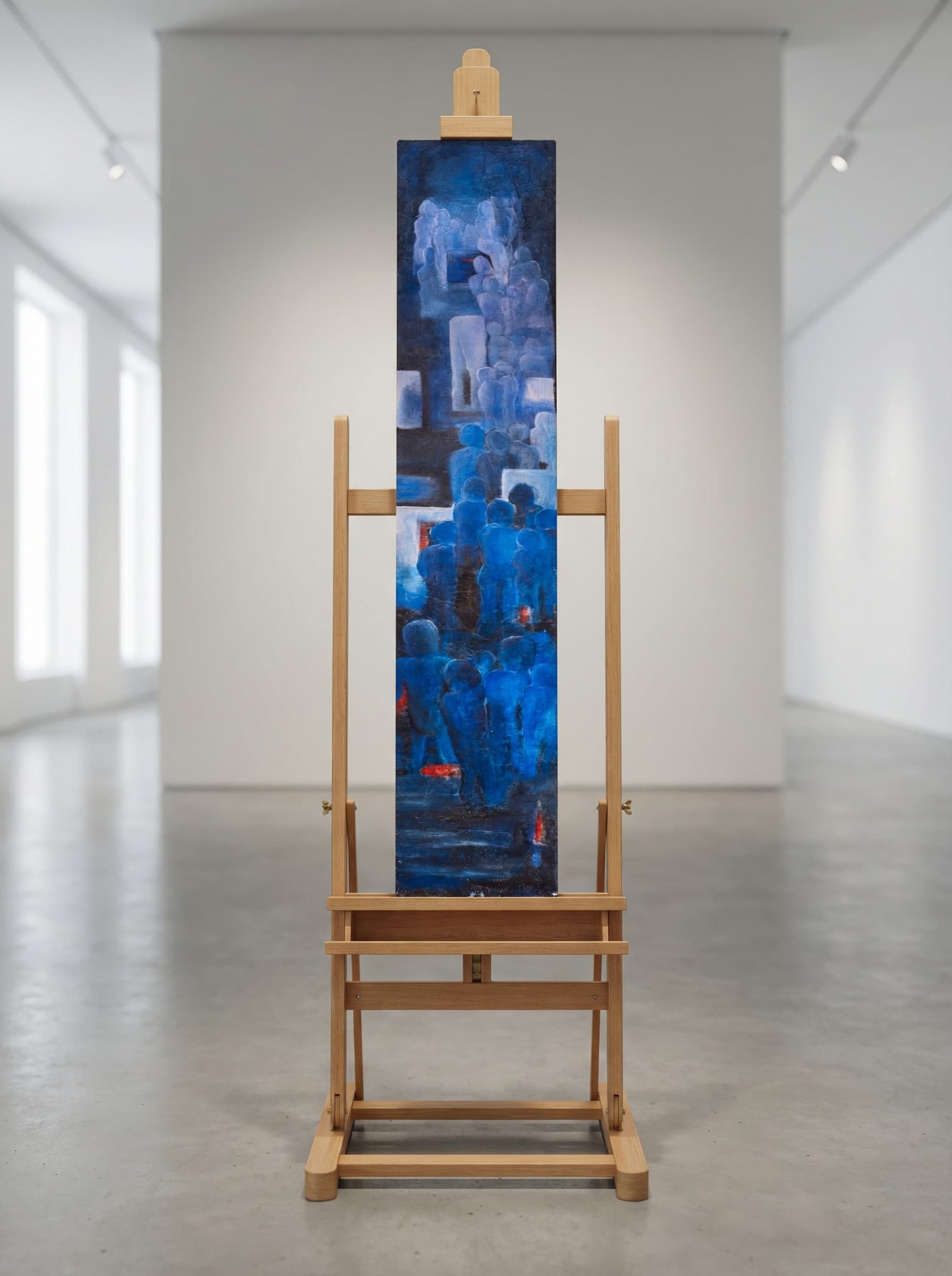 Ein langes, vertikales Gemälde zeigt eine Menschenmenge in Blautönen auf einer Staffelei in einem Kunstmuseum.