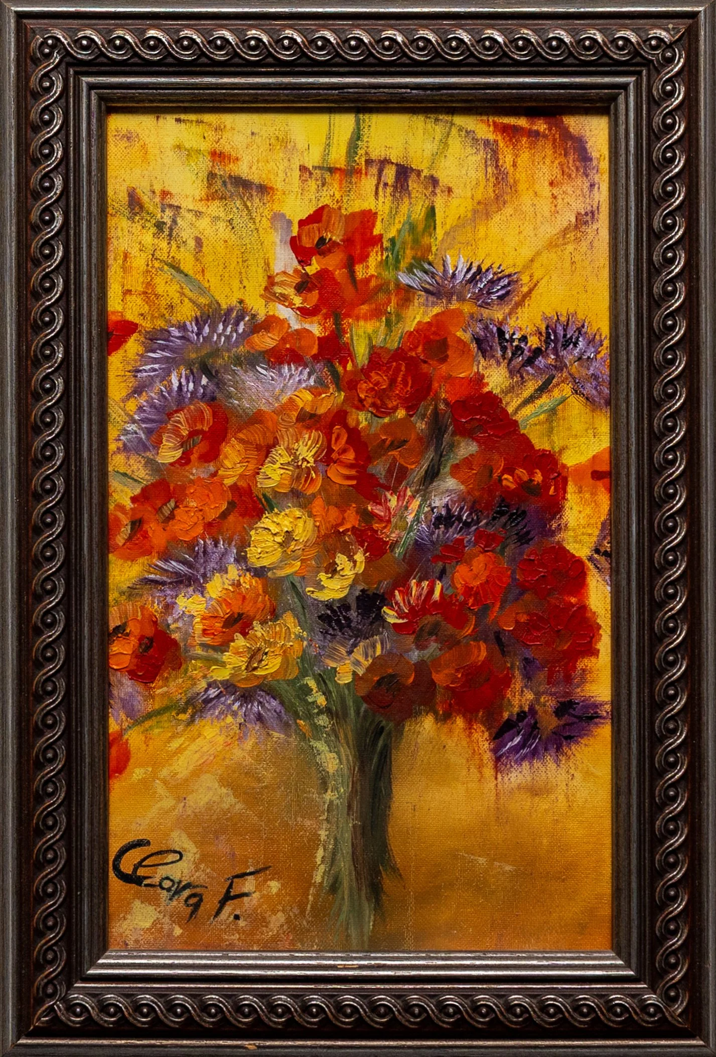 Ölgemälde eines bunten Blumenstraußes in einer Vase, mit orange, gelben und lila Blumen auf einem gelben Hintergrund, signiert im unteren linken Eck mit 'George F.'