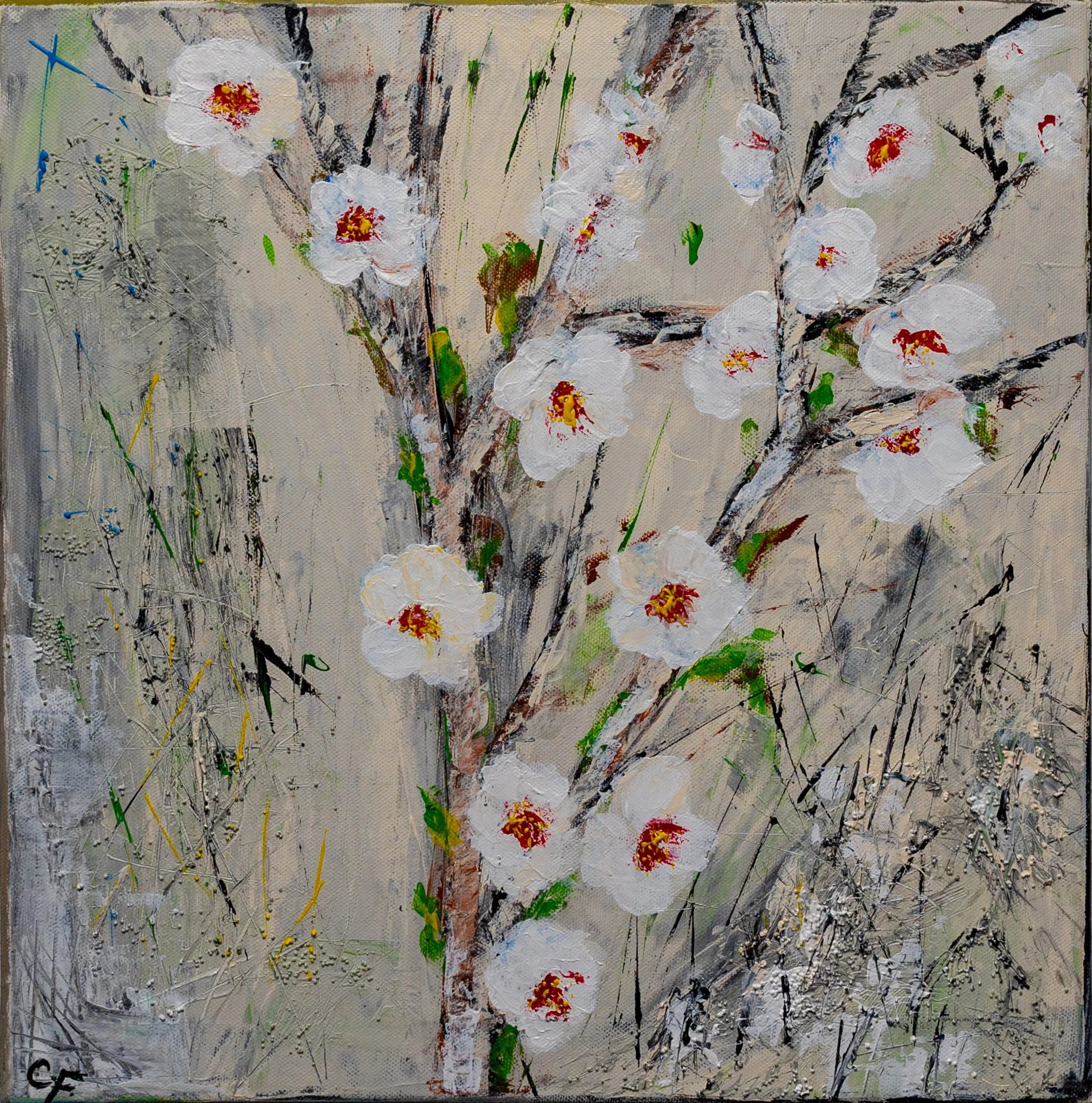 A painting of a tree with white flowers and a textured background in neutral tones.