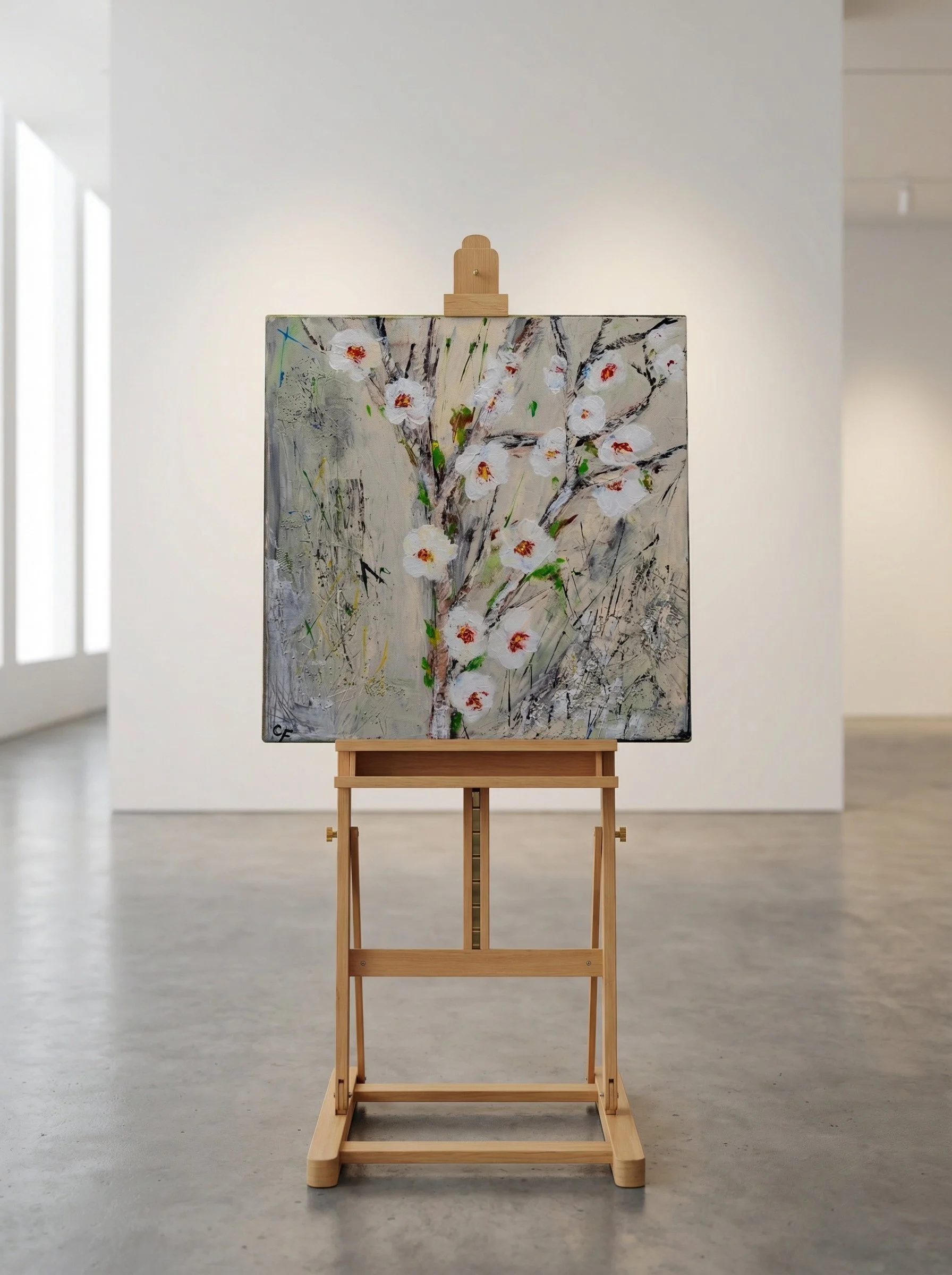 Ein Gemälde eines blühenden Baums auf einer Staffelei in einem Kunstmuseum.