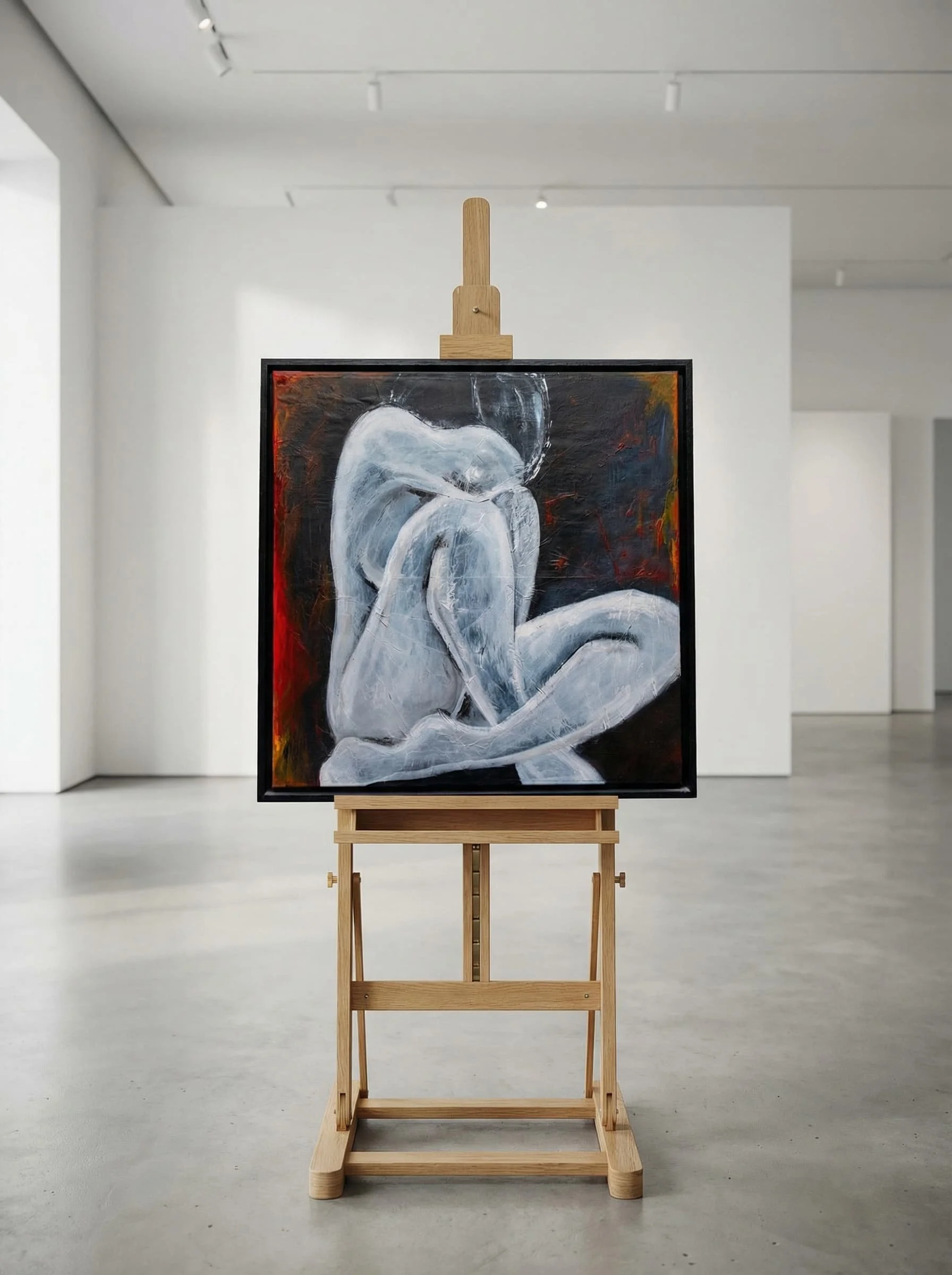 Gemälde eines sitzenden, nackten weiblichen Körpers, gemalt in abstrakten weißen Tönen auf einem dunklen Hintergrund, auf einer Künstlerleinwand in einem minimalistischen weißen Raum. Die Figur ist in einer nachdenklichen Pose mit verschränkten Beinen.