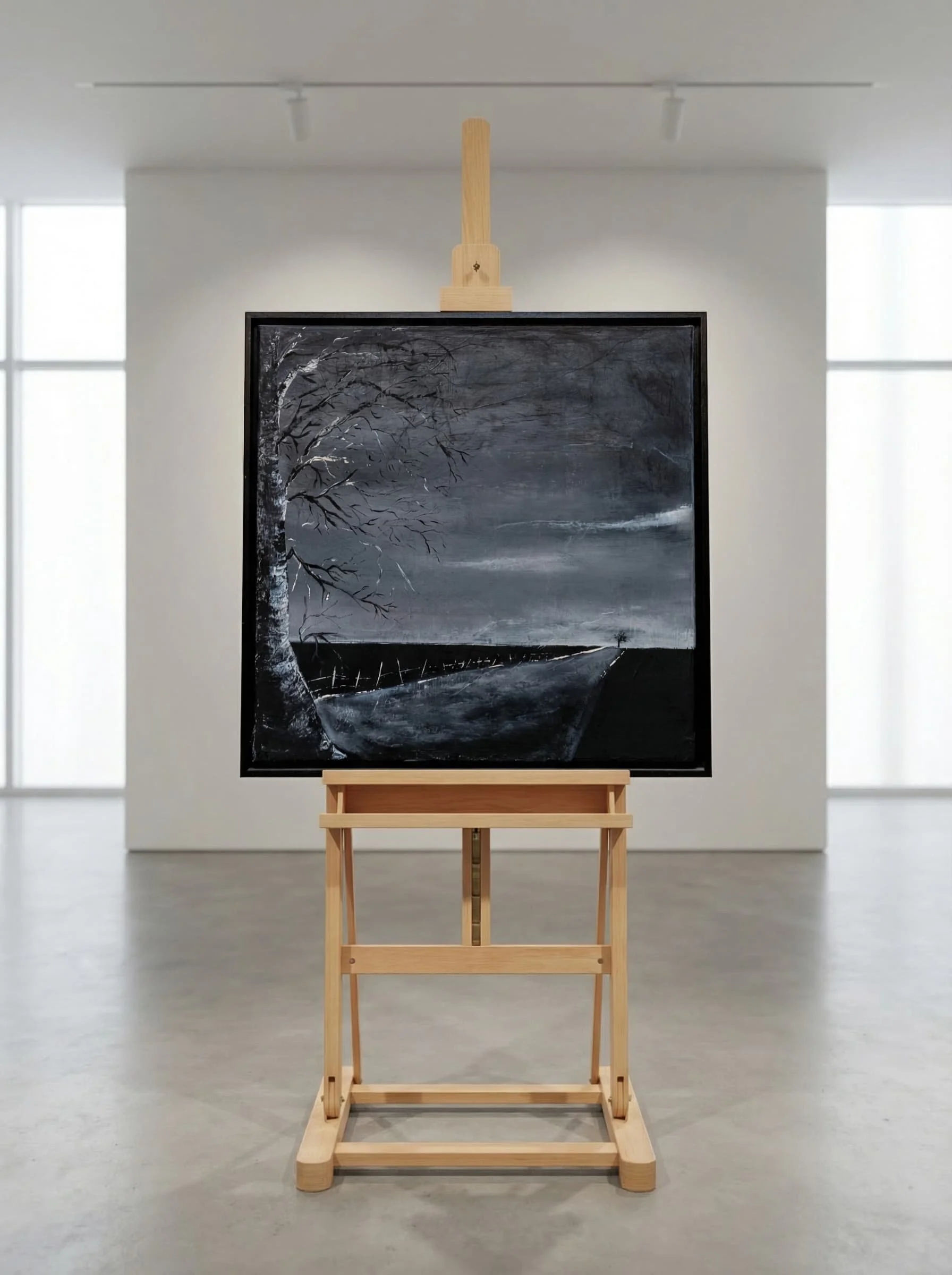 Ein Gemälde in Schwarz-Weiß, das einen Baum, einen Weg und eine stürmische Landschaft an einem Tag mit dunklen Wolken zeigt, auf einer Staffelei in einem Kunstmuseum.