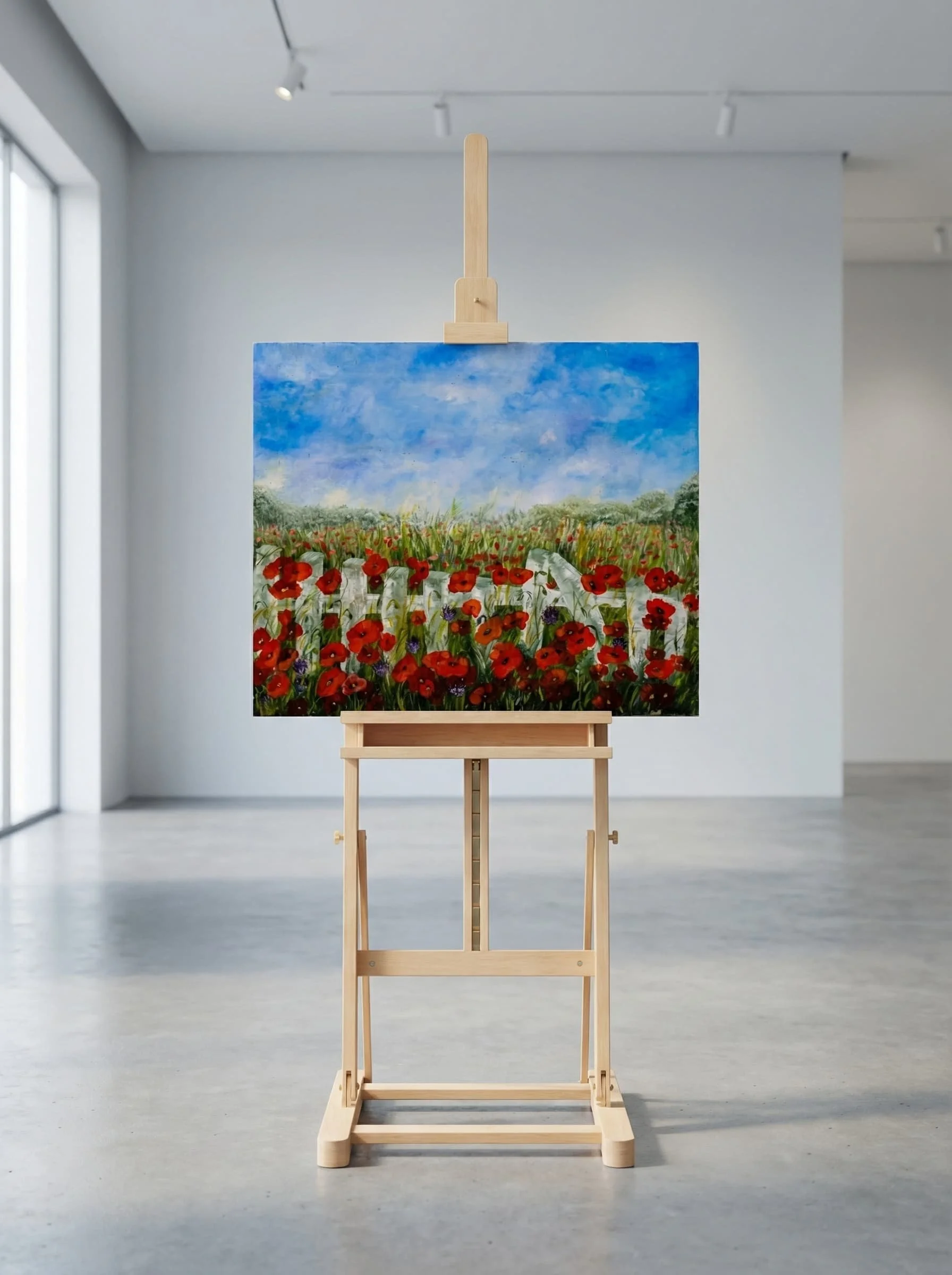 Gemälde eines Blumenfelds mit roten, violetten und weißen Blumen vor blauem Himmel in einem Kunstdorado.