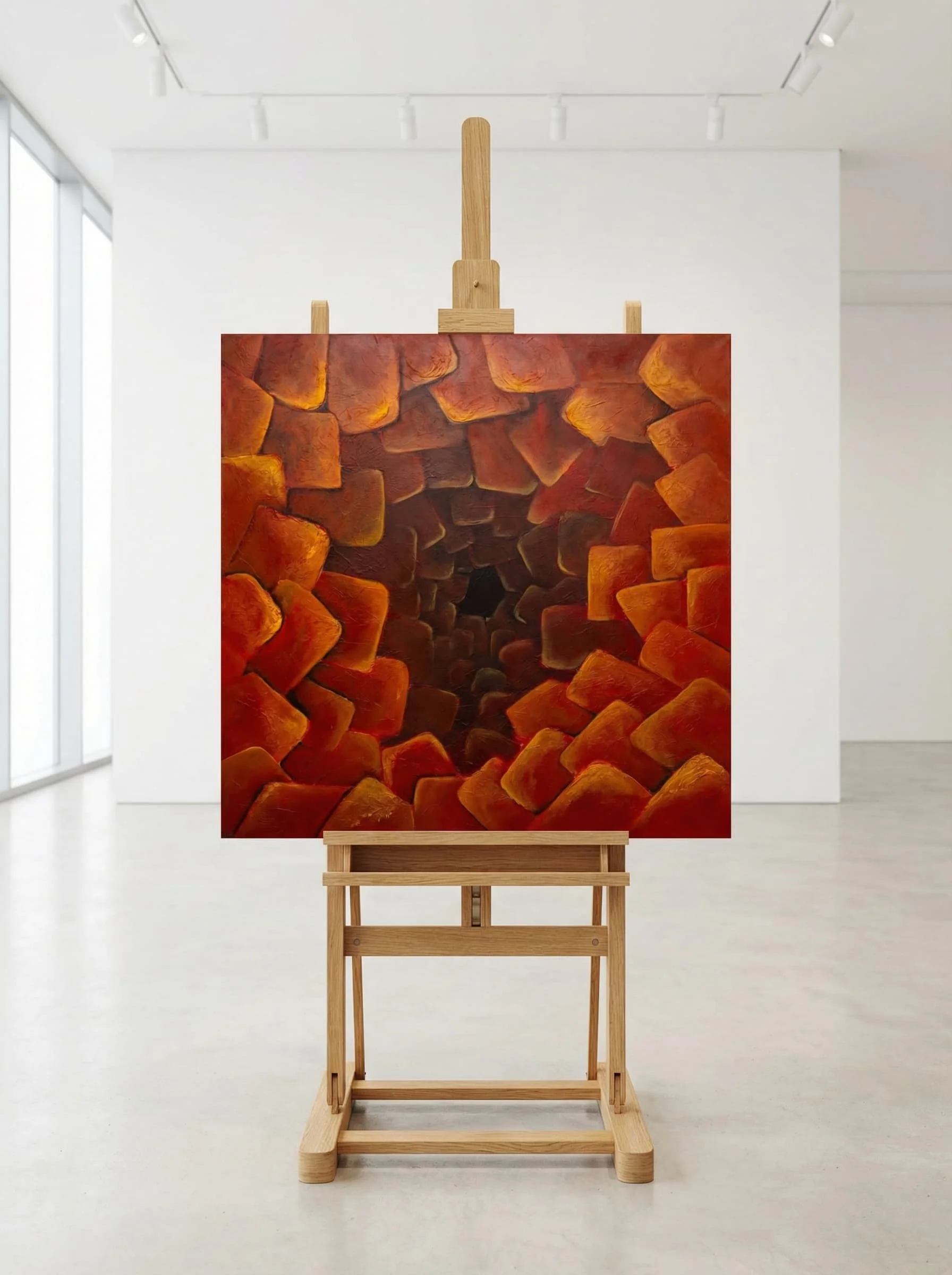 Ein Gemälde mit einer spiralförmigen Anordnung von roten und orangefarbenen Steinen vor einem weißen Hintergrund in einem Kunstmuseum.