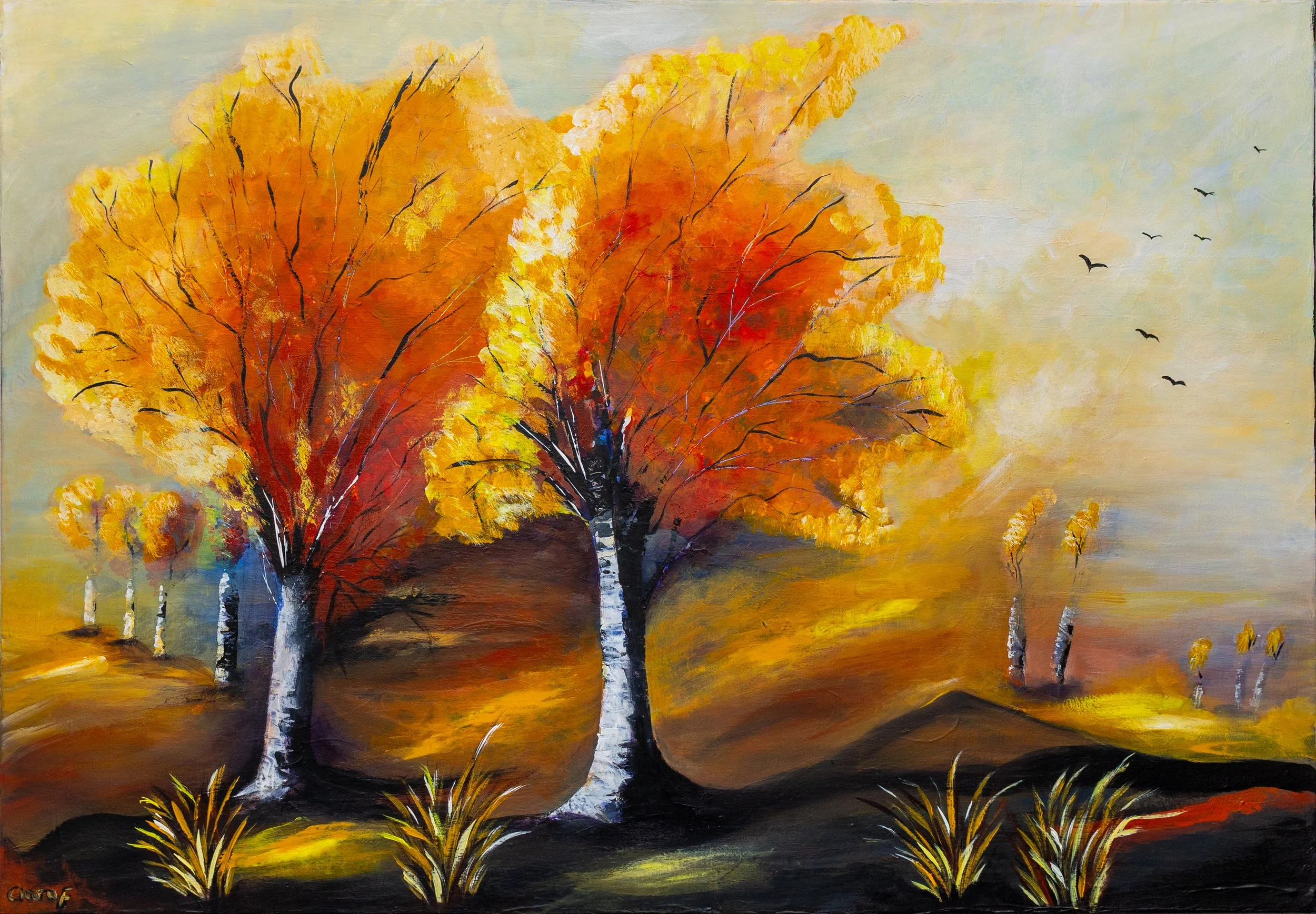 Farbenfrohes Gemälde von herbstlichen Bäumen mit orange, gelben und roten Blättern auf einem dunklen Boden, im Himmel fliegen Vögel.