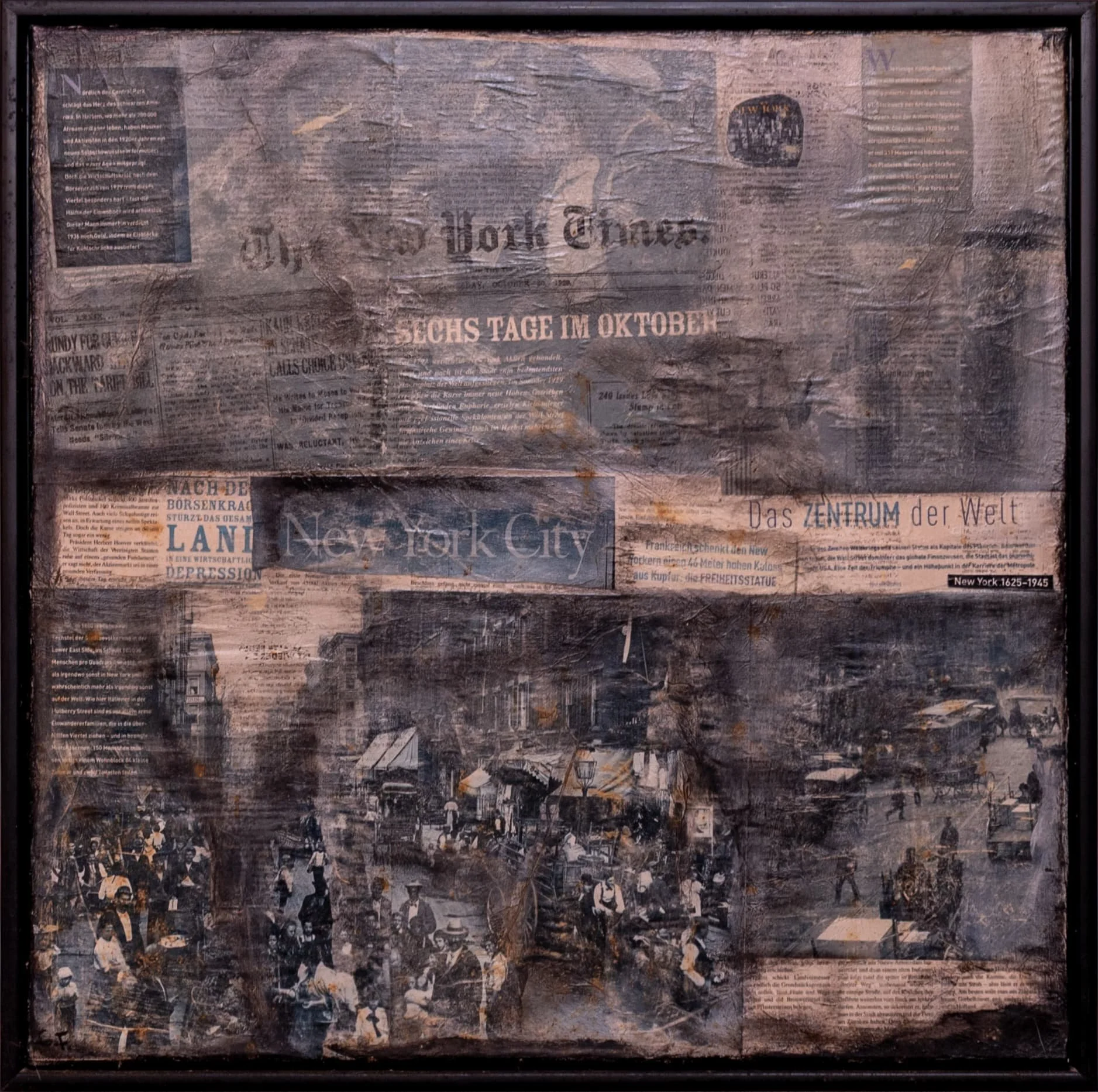 Eine Collage, die verschiedene alte Zeitungsartikel und Fotos zeigt, darunter eine Zeitung mit dem Titel 'The New York Times' und ein Bild einer belebten Straßenszene in New York City.