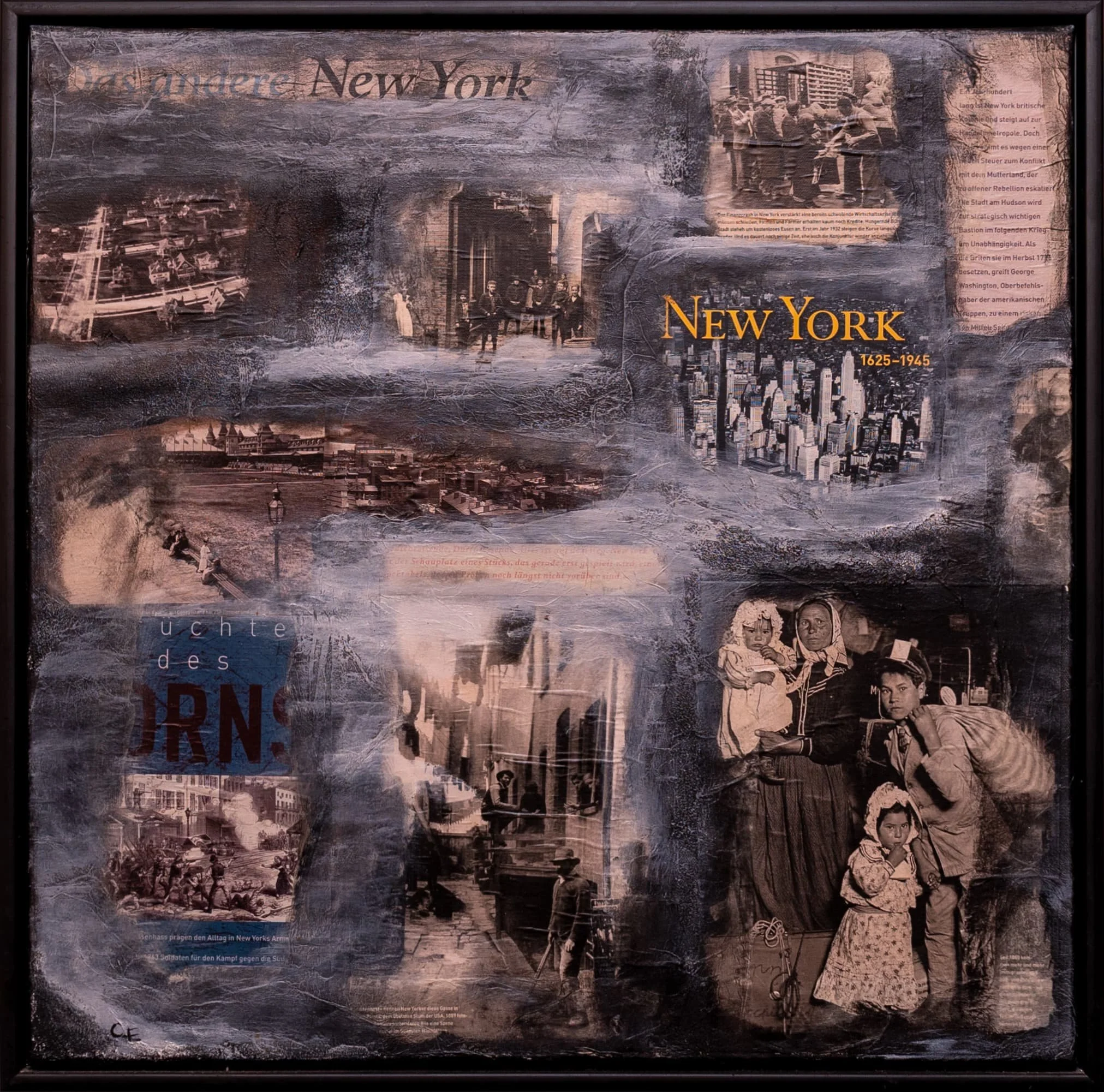 Kollage mit historischen Fotos von New York, Stadtansichten, Menschen und Text auf Deutsch