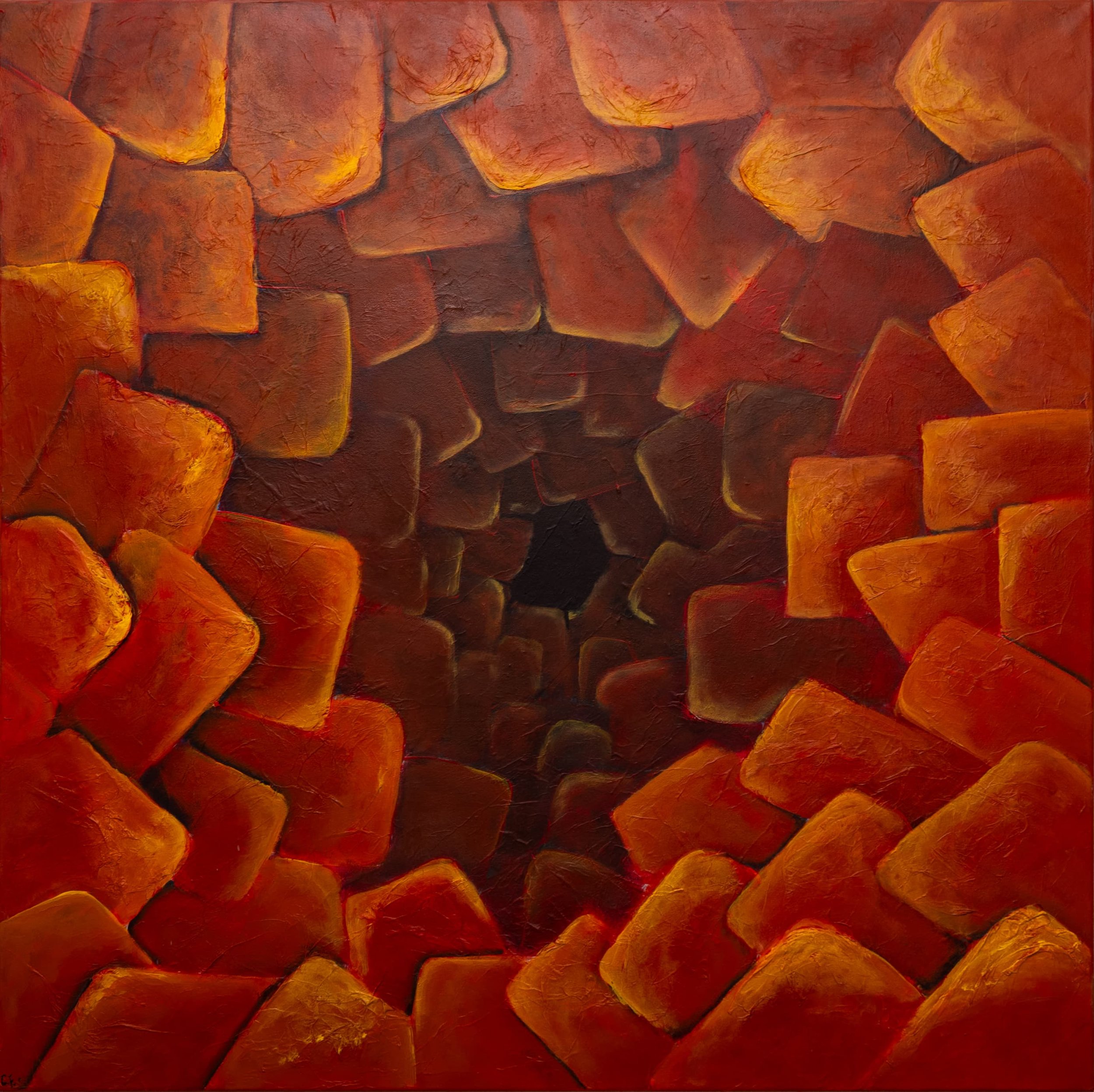 Ein abstraktes Gemälde mit roten und orangefarbenen Steinen, die in einem spiralförmigen Muster angeordnet sind.