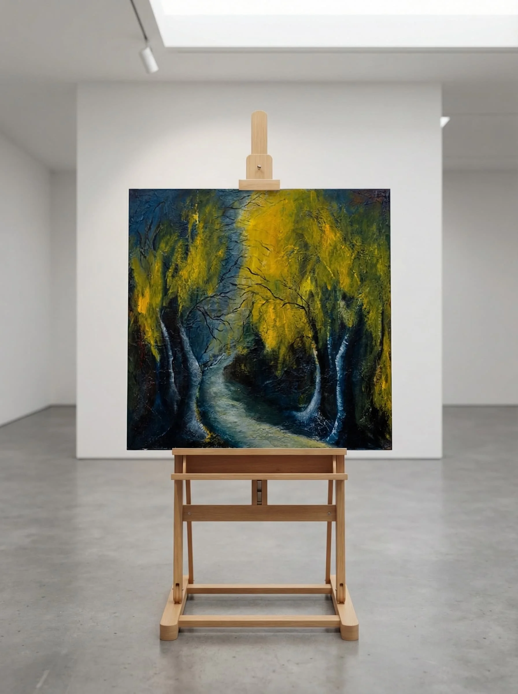 Ein Gemälde in einem Kunstmuseum, das einen Fluss in einer bewaldeten Landschaft bei Sonnenlicht zeigt.