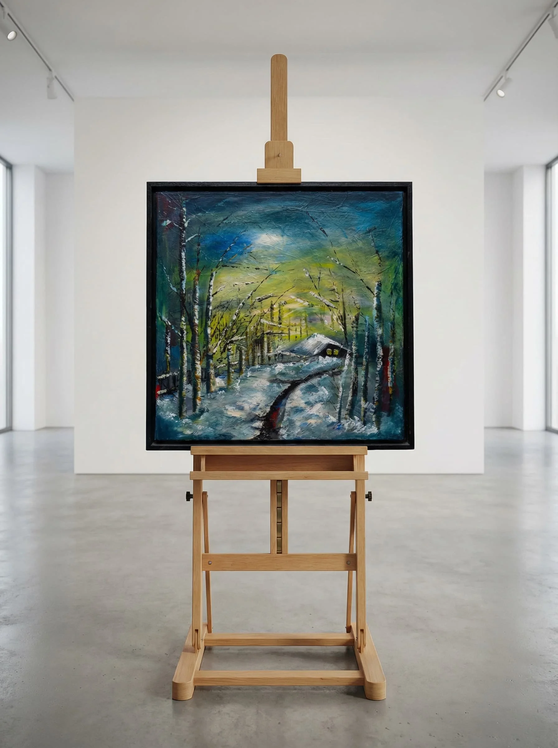 Ein expressionistisches Gemälde einer verschneiten Landschaft mit Bäumen, einem Weg und einem Haus, das auf einer Staffelei in einem hellen, modernen Raum ausgestellt ist.