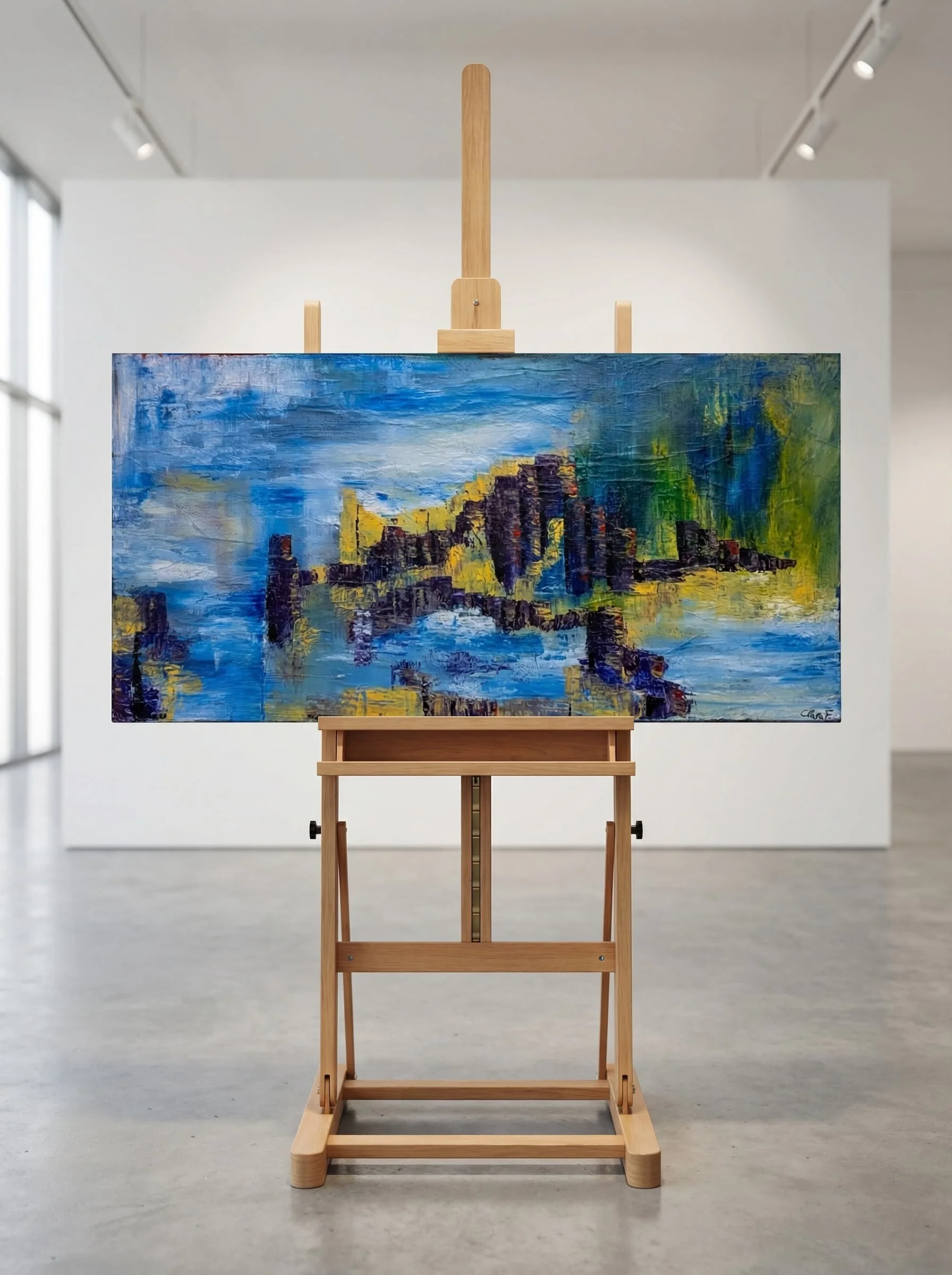 Abstraktes Gemälde einer Landschaft auf einer Staffelei in einem Kunstmuseum.