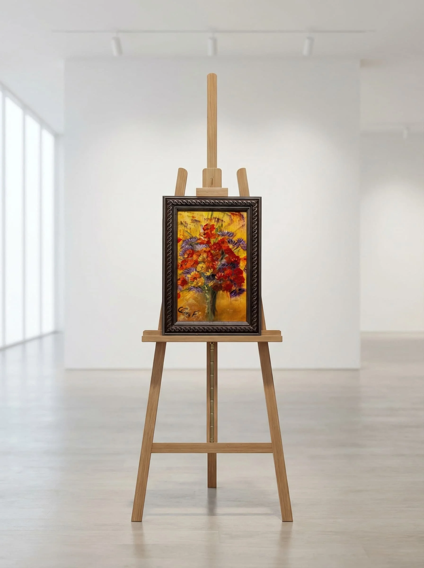 Ein stillleben mit einem auf Holzständer gestellten Gemälde eines bunten Blumenstrauß in einer neolinen Galerie.