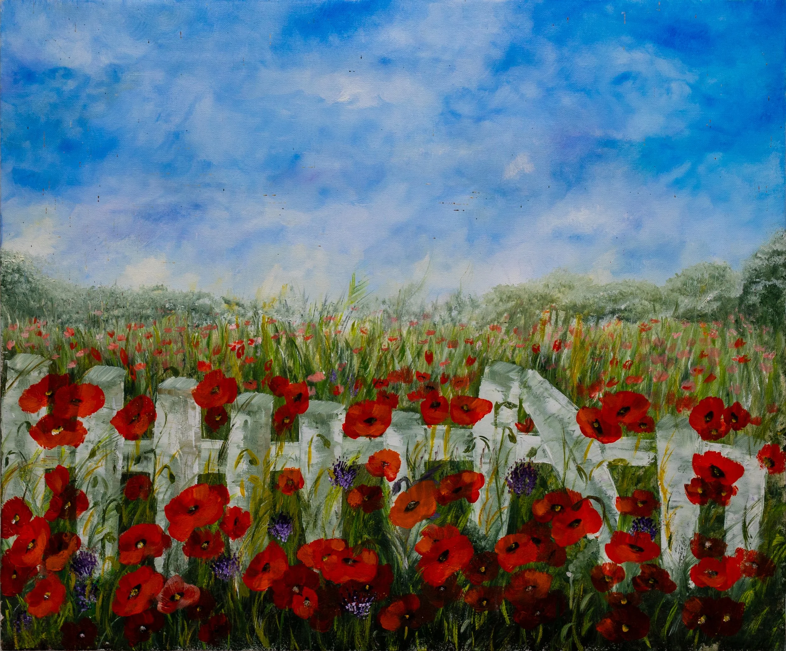 A colorful painting of a flower field with red poppies, purple flowers, green grass, and a bright blue sky with some clouds.