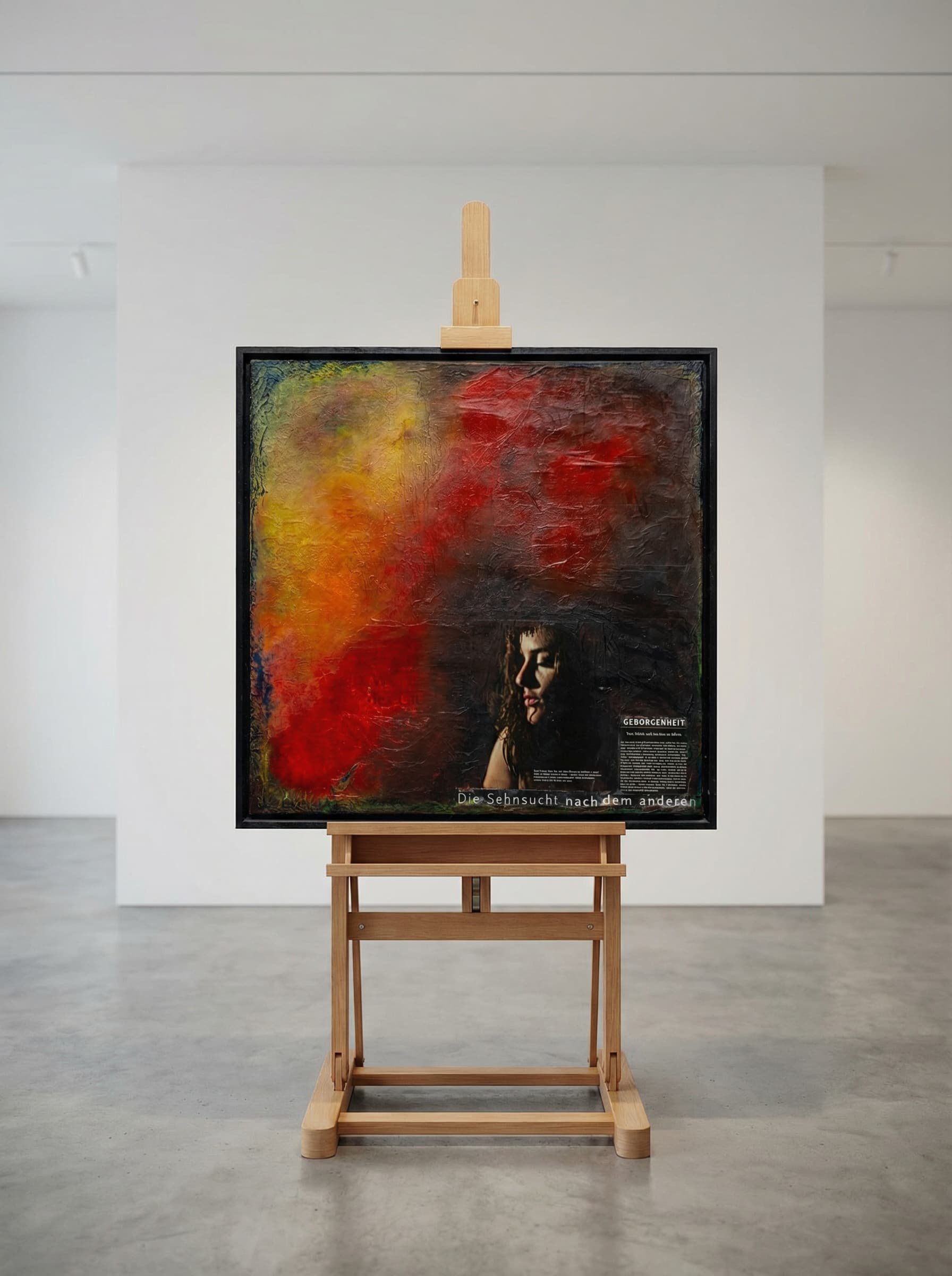 Ein Kunstwerk auf einem Ständer. Es ist ein abstraktes Gemälde mit lebhaften Farben wie Rot, Gelb und Grün. Unten rechts befindet sich ein Fotos eines jungen Mädchens mit dunklem Haar und dunklem Lippenstift. Es gibt deutsche Textpassagen auf dem Gemälde.