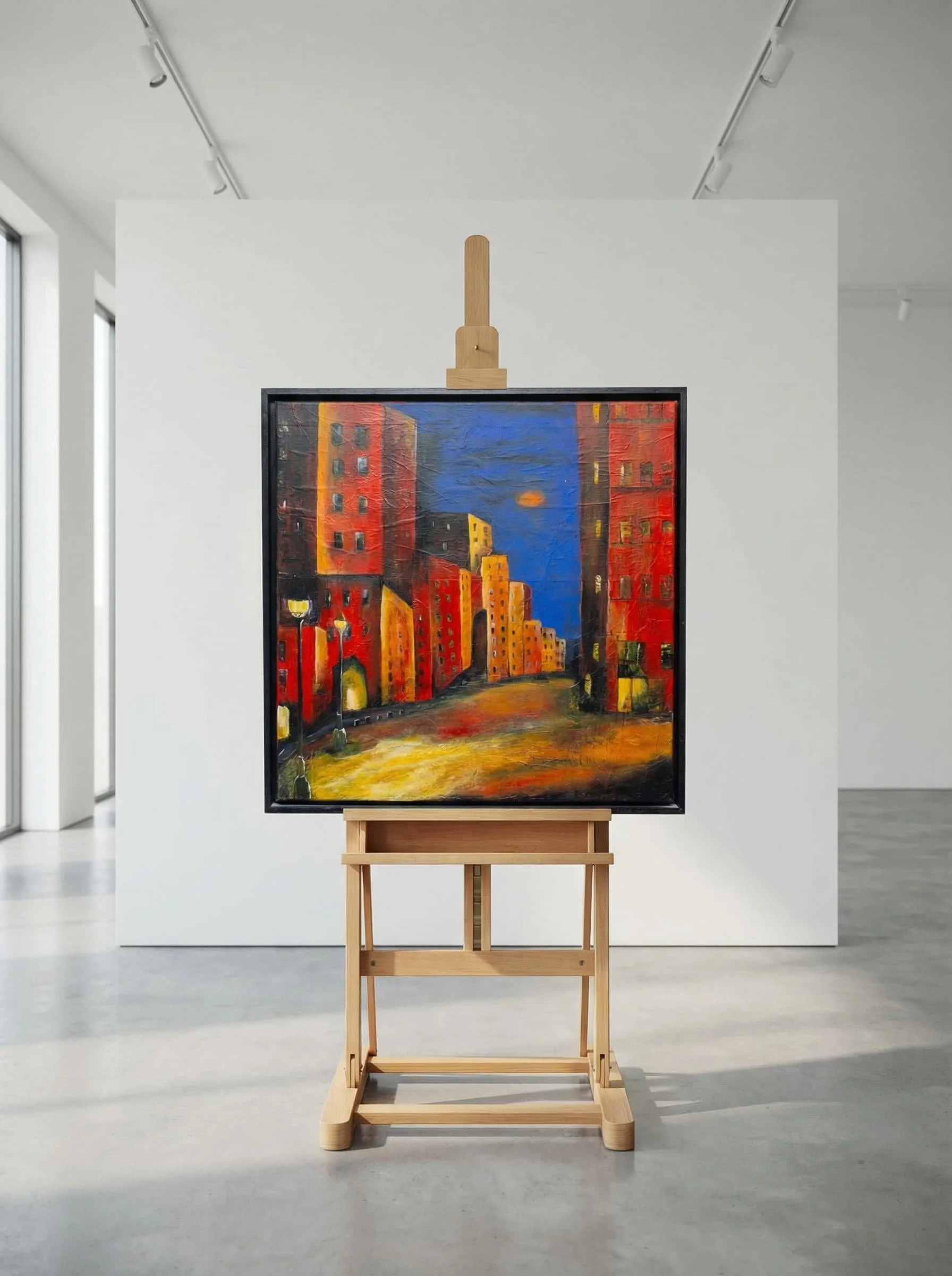 Ein abstraktes Gemälde in einem Rahmen, aufgestellt auf einer Holzstaffelei in einem weißen Kunstraum.