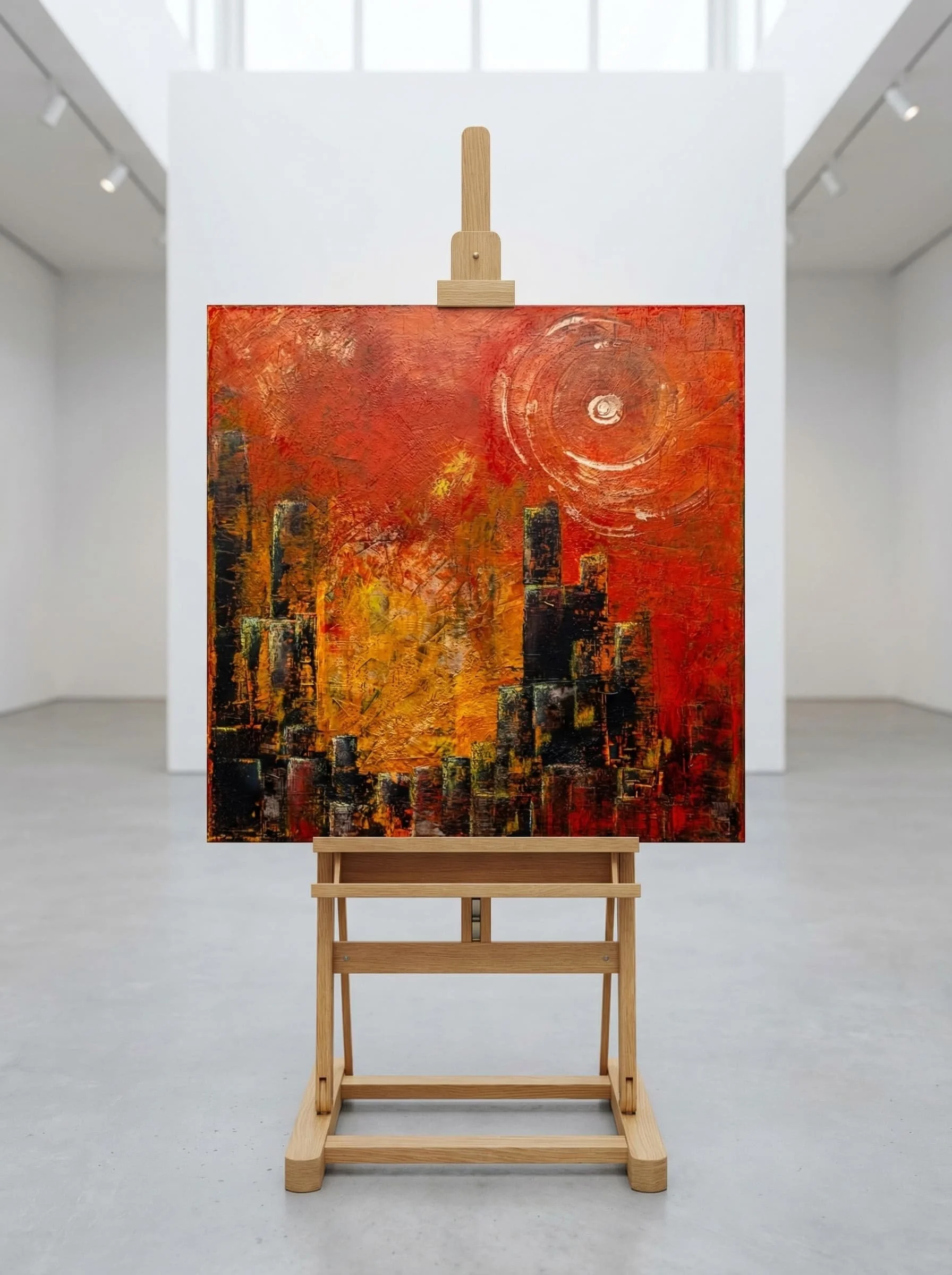 Abstraktes Gemälde mit roten, orangefarbenen und schwarzen Farbtönen auf einer Staffelei in einem weißen Kunstmuseum.