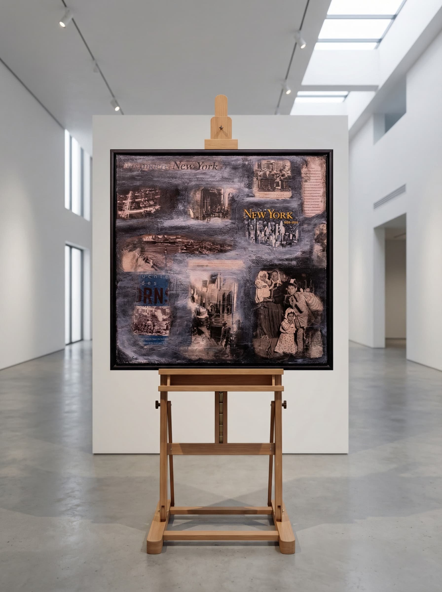 Ein Kunstwerk auf einem Gemälde, das mehrere Fotos und Texte enthält, wird auf einem Ständer in einem hellen, modernen Museum mit weißen Wänden und großen Fenstern gezeigt.