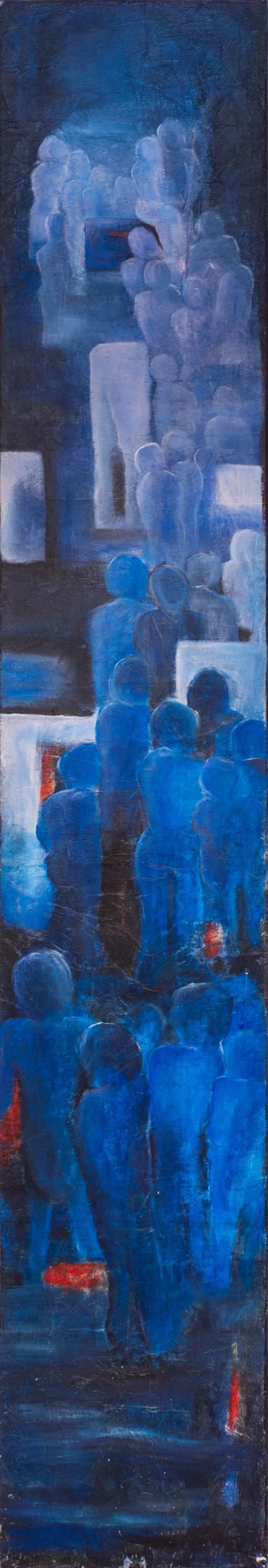 Abstrakte Malerei mit mehreren blauen menschlichen Silhouetten in unterschiedlichen Schattierungen, die in einer vertikalen Anordnung übereinander stehen, auf dunklem Hintergrund mit roten Akzenten.