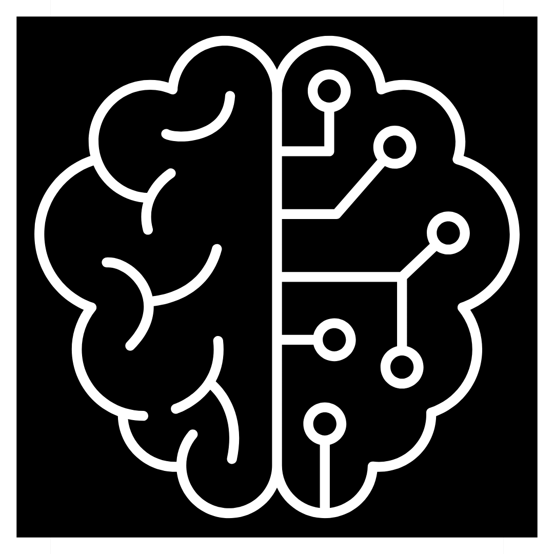 Line drawing of a brain divided into two halves, with the left half representing biological brain structure and the right half depicting a stylized circuit board.