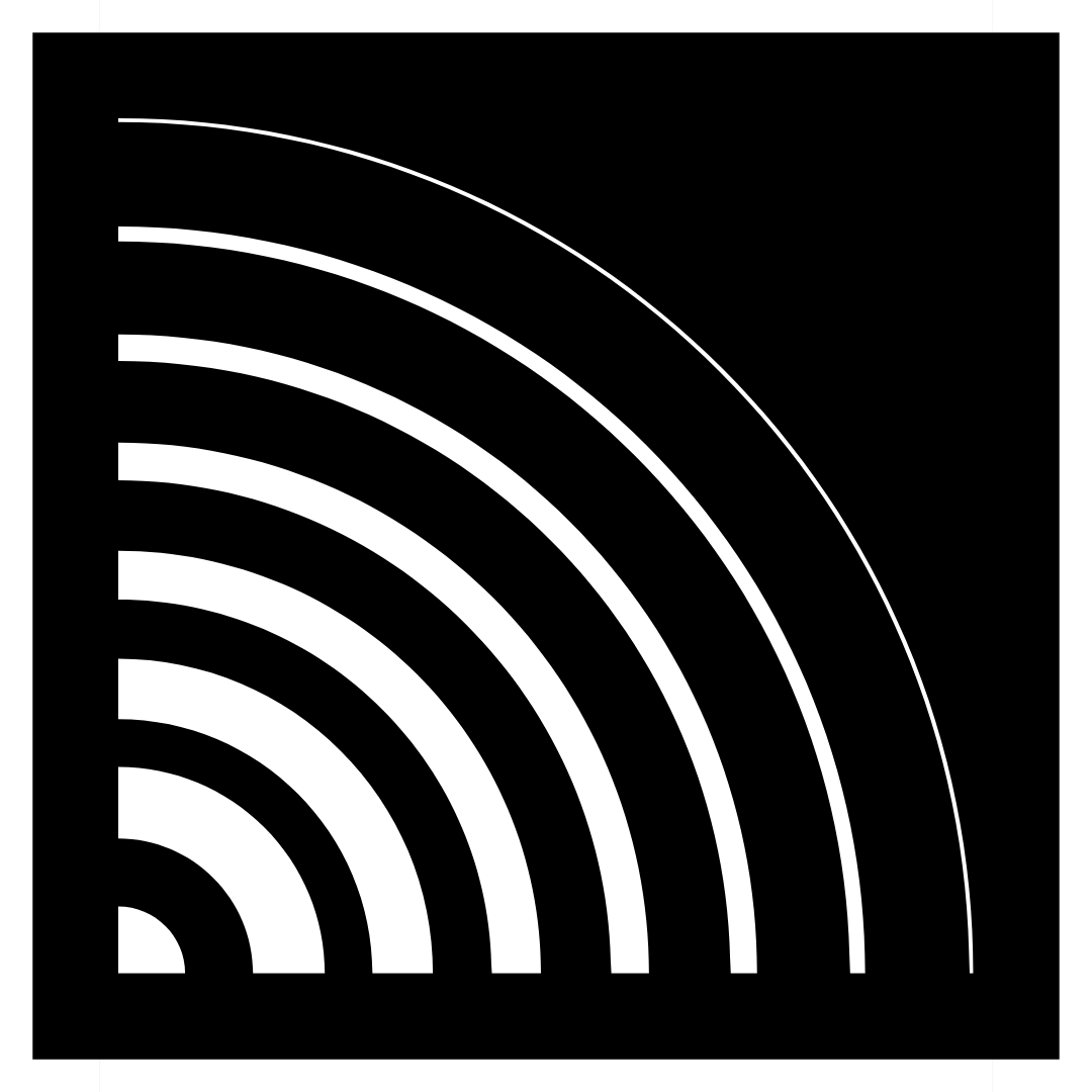 Abstract black and white geometric pattern with concentric arch shapes in a square format.