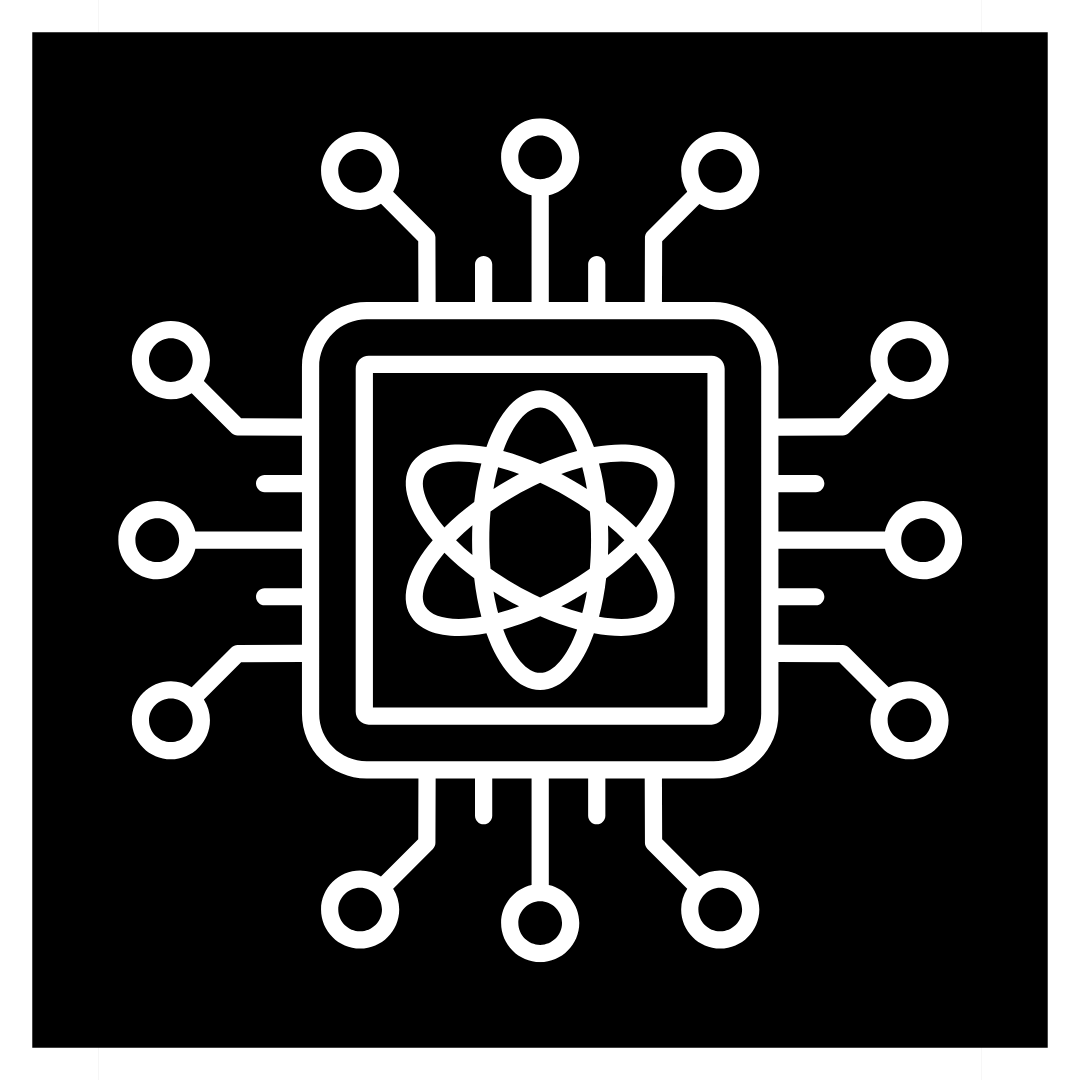 Outline of a computer chip with a nuclear atom symbol in the center, on a black background.