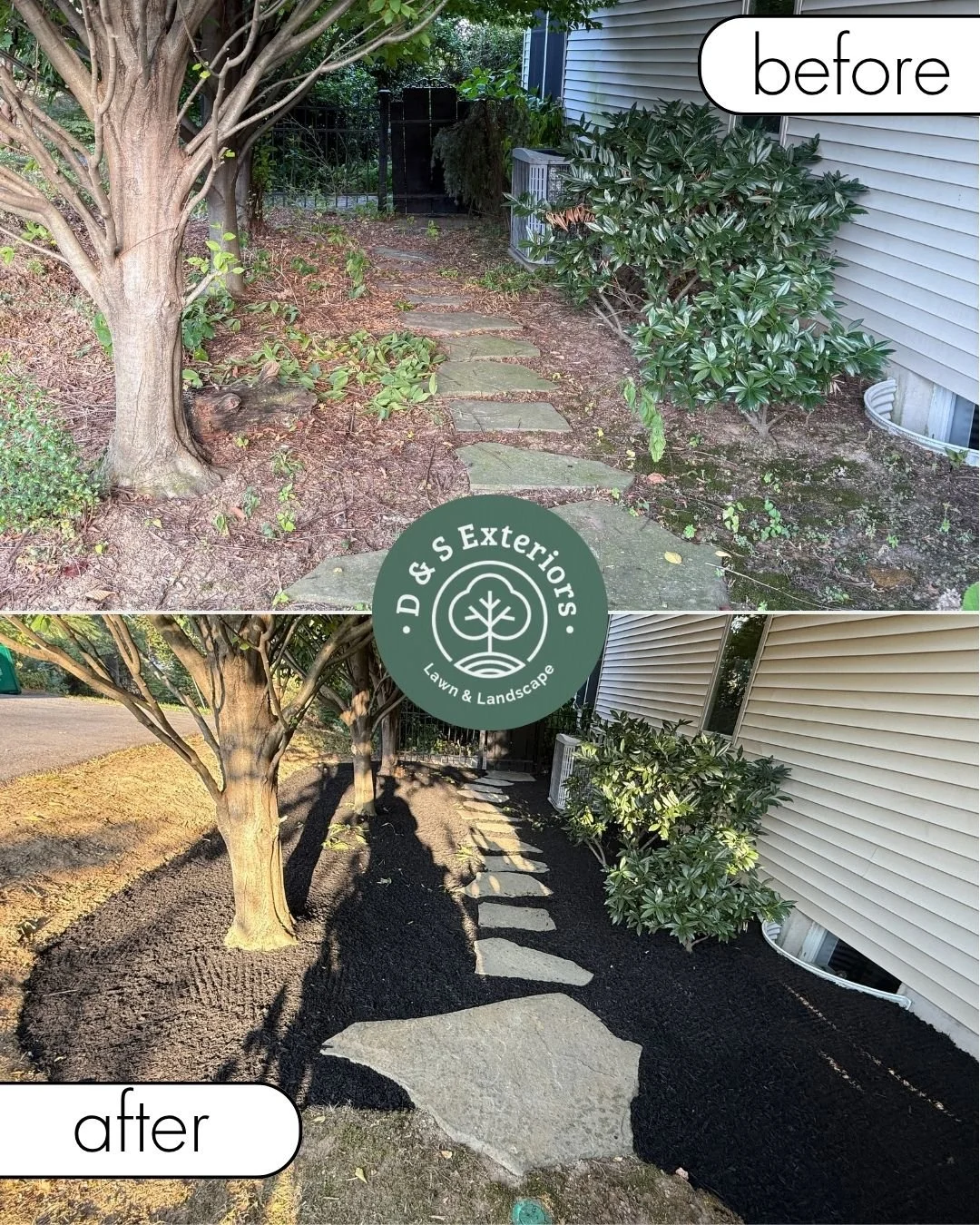 Comparison of a garden walkway before and after landscaping. The 'before' image shows overgrown plants and uneven ground, while the 'after' image shows a clean, well-maintained walkway with new black mulch and stone pavers, trees, and shrubs. The log