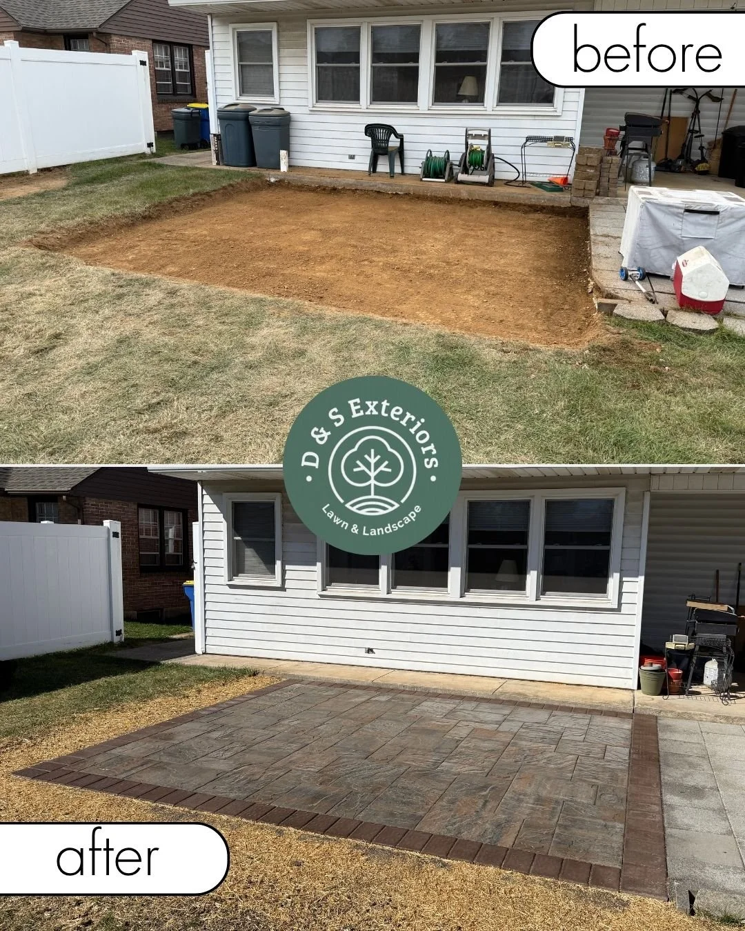 Before and after images of a backyard renovation. The top image shows a patch of bare dirt where a patio was being prepared. The bottom image shows the same area with a finished stone and brick patio surface.