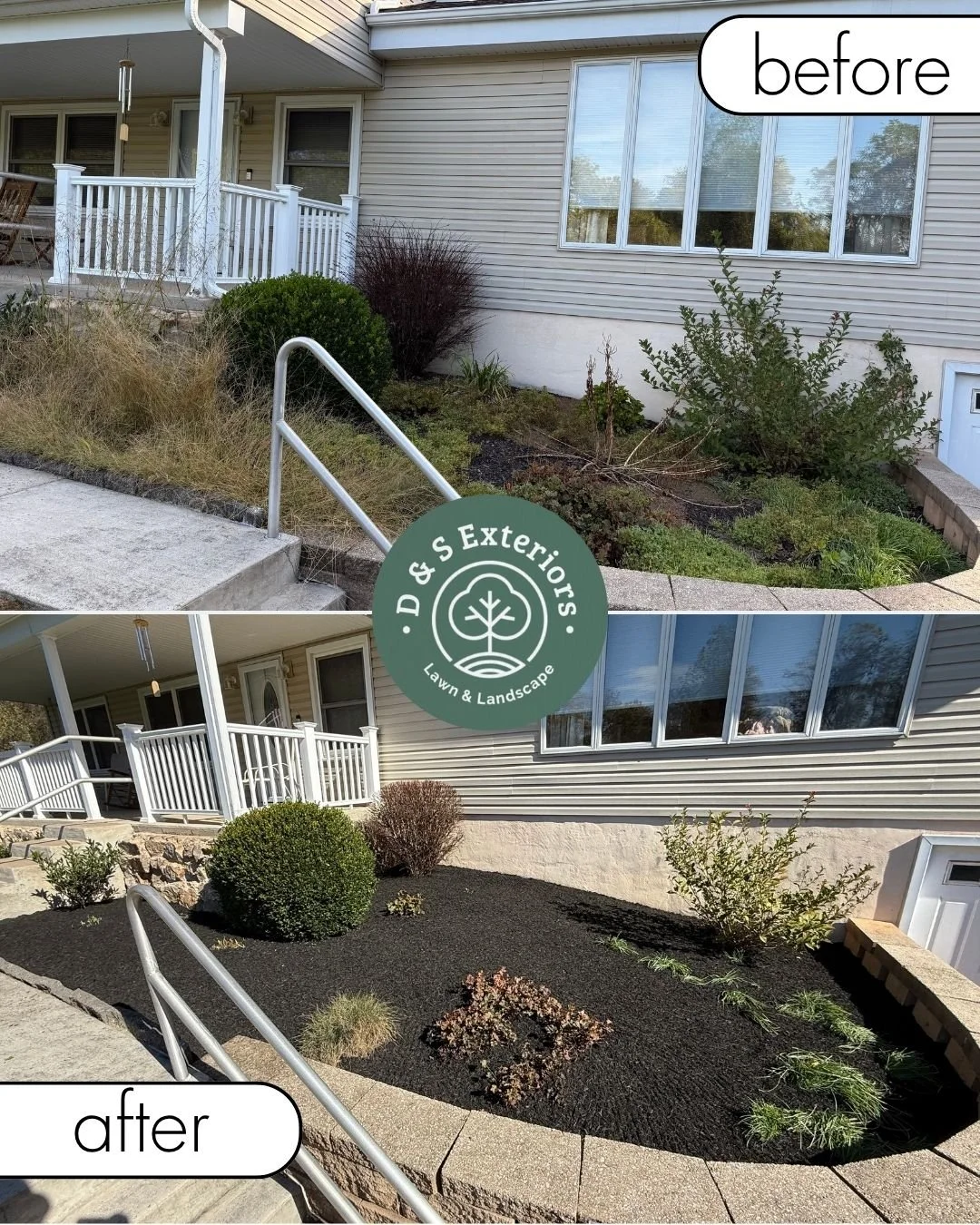 Before and after images of a backyard landscape renovation, showing the removal of overgrown plants and weeds and the addition of fresh mulch, shrubs, and a tidy, landscaped garden bed with a new border.