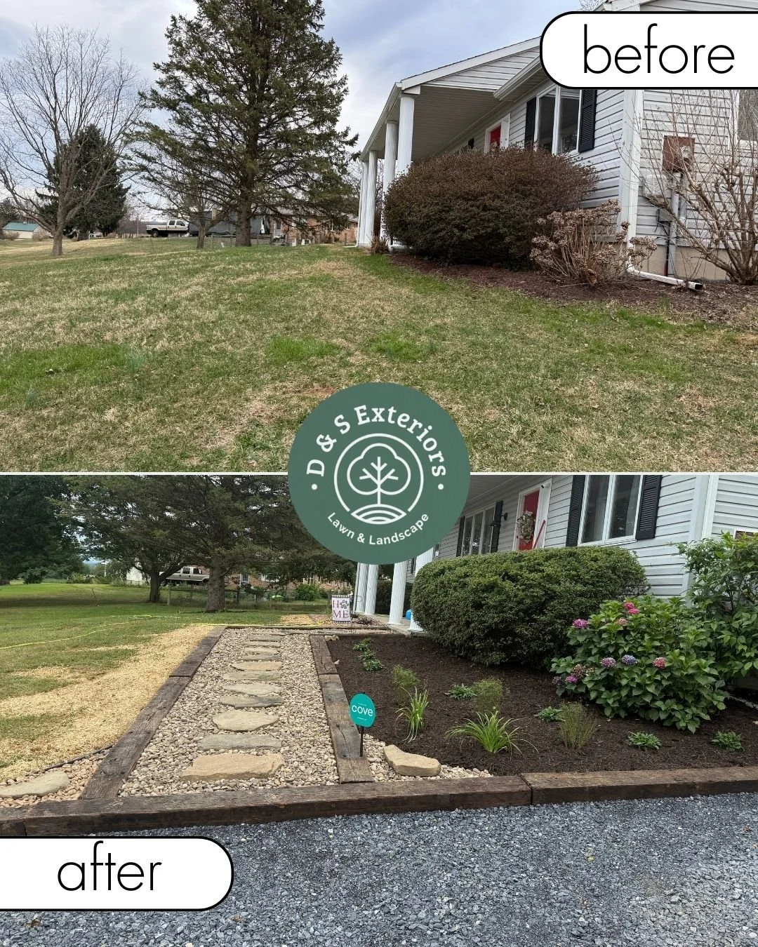 Side-by-side comparison of a lawn before and after landscaping. The 'before' image shows an overgrown grassy yard with sparse grass and leafless trees. The 'after' image shows a neatly landscaped yard with a stone pathway, mulch, shrubs, and blooming