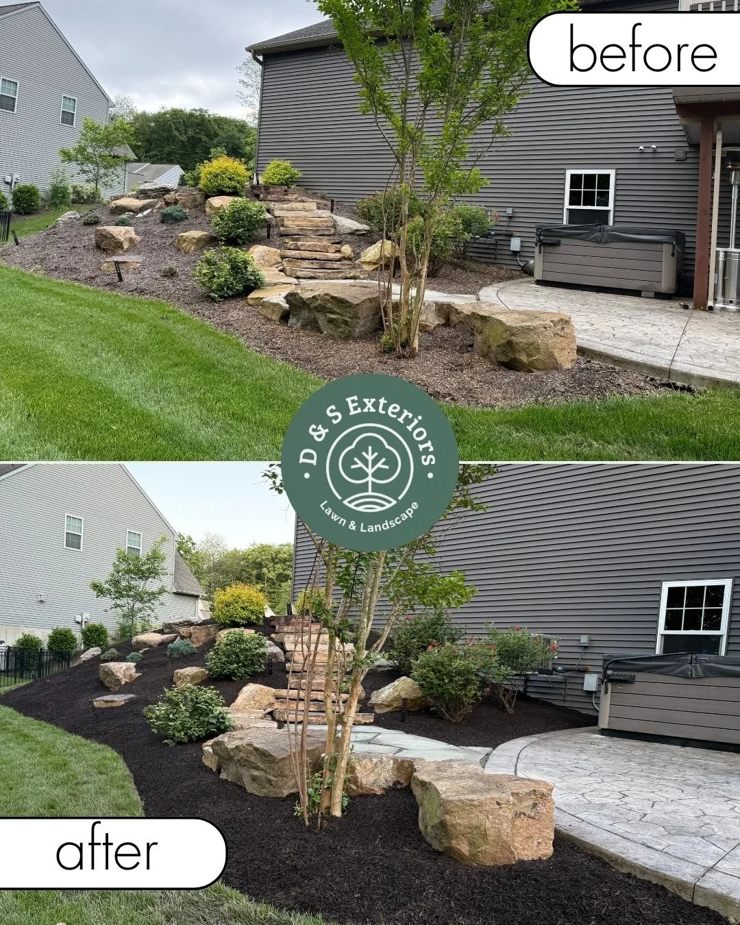 Landscape before and after view of a backyard with a rock staircase, small shrubs, and newly applied dark mulch, with a gray house in the background and a patio area on the right. The 'after' image shows the mulch applied, and the 'before' image show