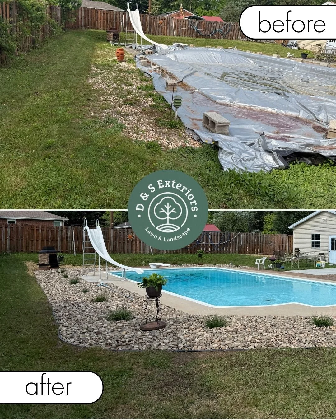 Comparison of a backyard before and after pool renovation, showing a grass yard, a damaged pool covered with tarp, and a restored pool with blue water, surrounded by decorative rocks and a new landscape, with the logo and name of D S Exteriors Lawn &