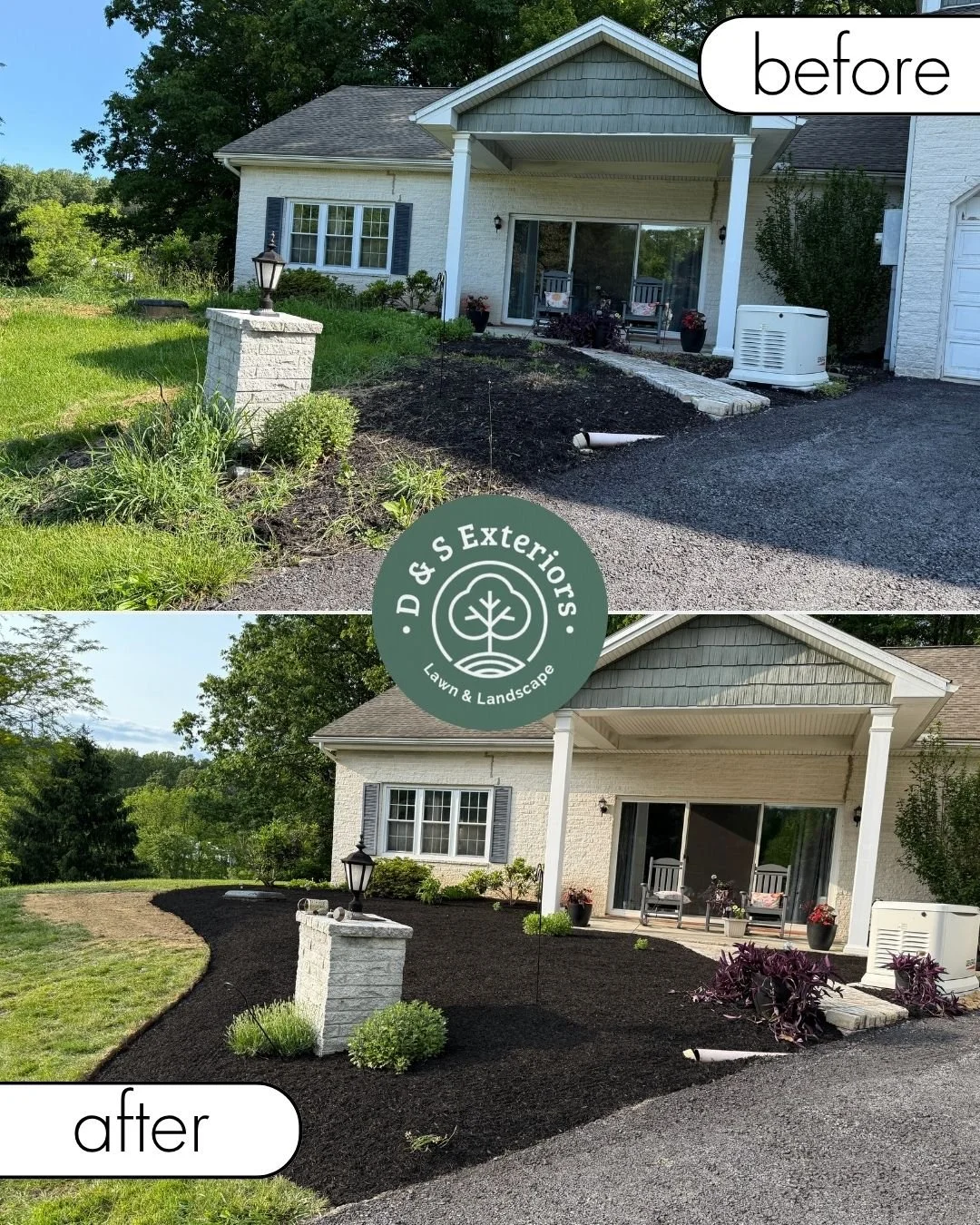 Before and after photos of a house's front yard landscaping. The bottom photo shows newly installed black mulch, small plants, and a clean, finished appearance. The top photo shows an unlandscaped yard with bare soil and overgrown grass.