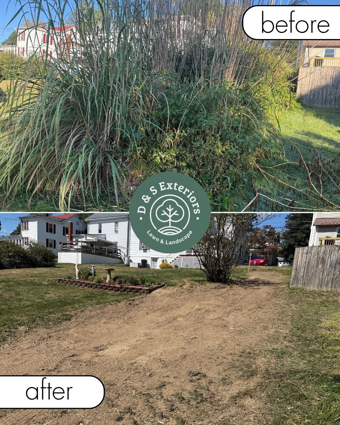 Comparison of a backyard before and after lawn and landscape work. The 'before' photo shows overgrown grass and weeds, while the 'after' photo shows a cleared and leveled yard with some landscaping and a small brick-bordered garden bed.