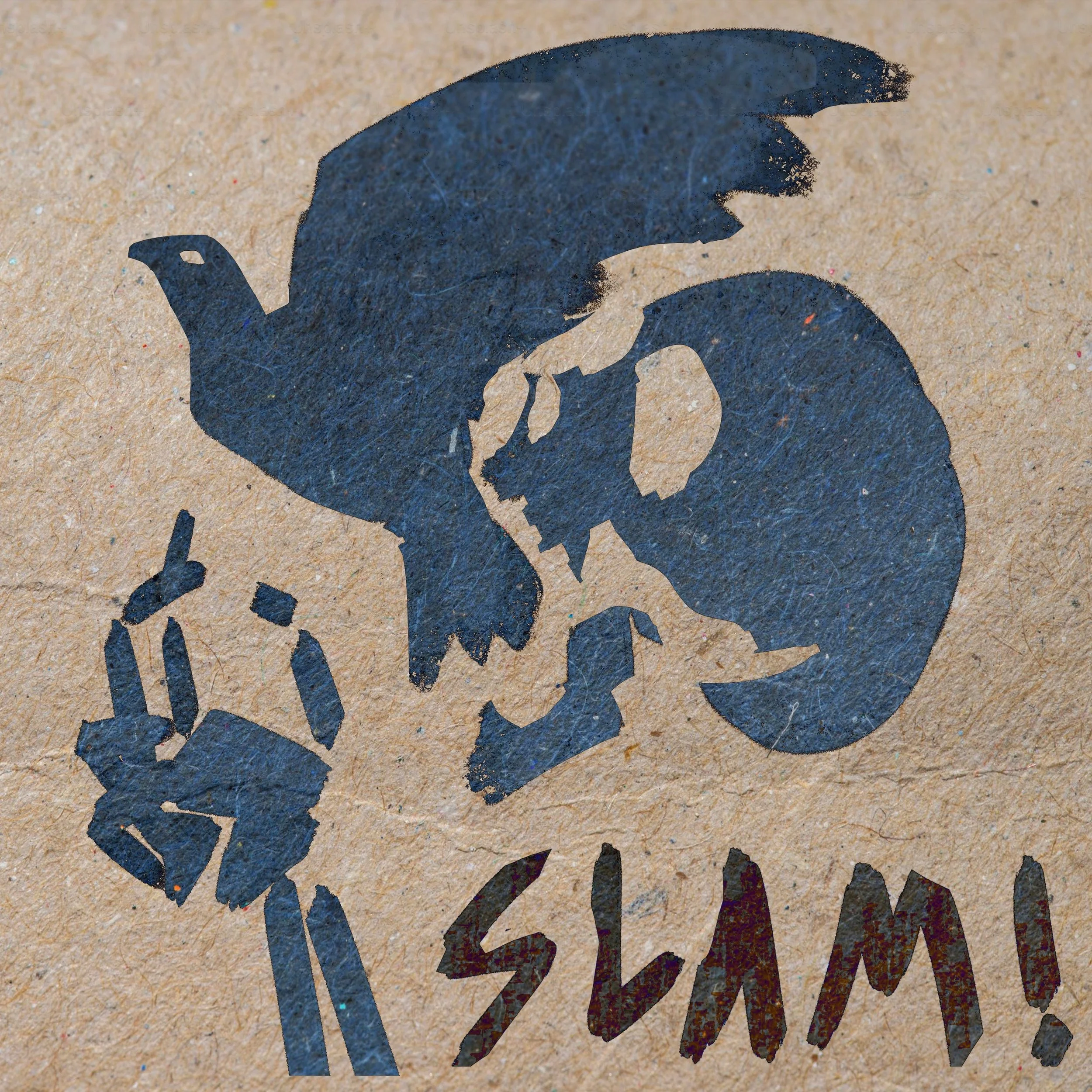 Stencil graffiti of a pirate skull with a bandana and an eye patch, with the word "SLAM!" underneath.