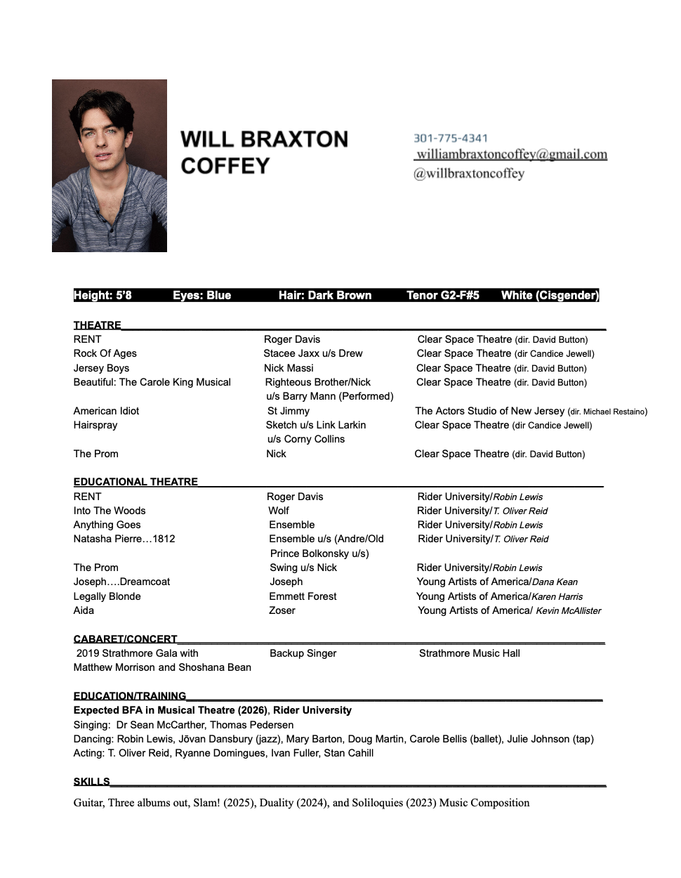 Resume of Will Braxton Coffey showing contact info, physical description, and a photo