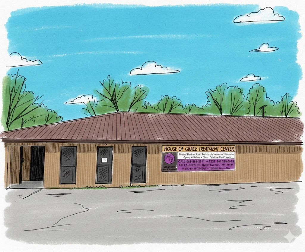 Line drawing of a single-story building with a brown roof, brown siding, and three windows. There is a sign on the building that reads 'House of Grace Treatment Center' with contact information below. The building is set against a backdrop of green trees and a blue sky with a few clouds.