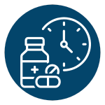 Medical supplies with a pill bottle, a medicine capsule, and a clock indicating time.