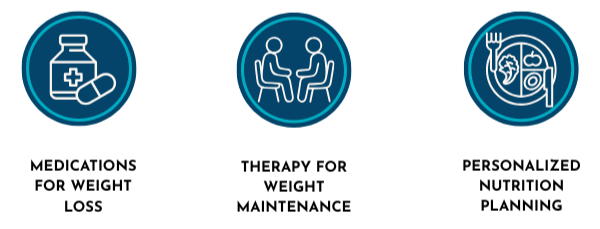 Medical prescription bottle, two people talking at a table, and a place setting with a fork, knife, and plate.