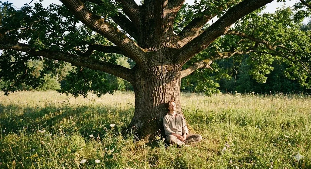 Person sitting under a large tree in a grassy field.
