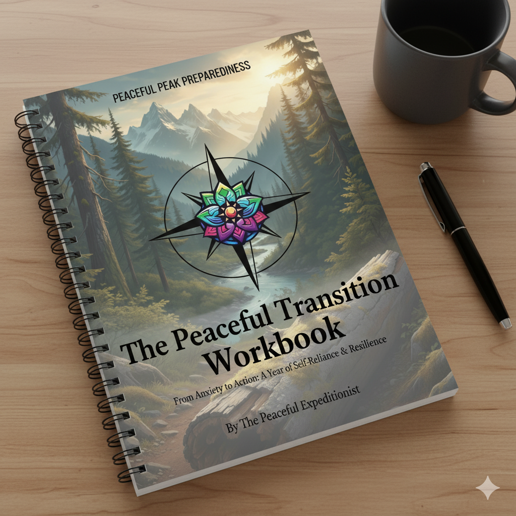A spiral-bound workbook titled "The Peaceful Transition Workbook" resting on a wooden desk next to a black pen, a gray mug, and a forest landscape with mountains in the background.