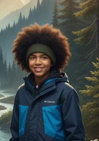 Young person with an afro hairstyle wearing a green headband and a blue Columbia jacket, smiling outdoors in a forested mountain setting.