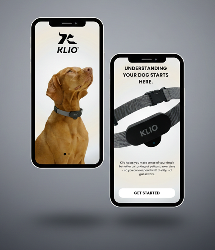 Two smartphones displaying the KLIO device and app, which helps interpret a dog's behavior and provides feedback for understanding your dog better.