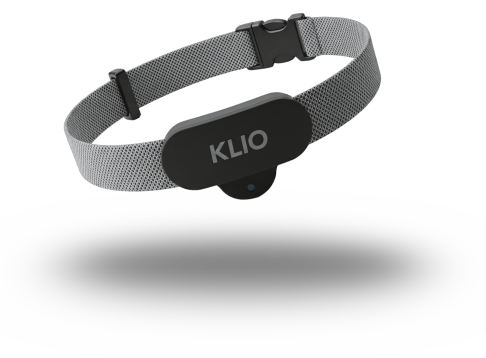 A black and gray headband with an electronic device labeled 'KLIO' attached.