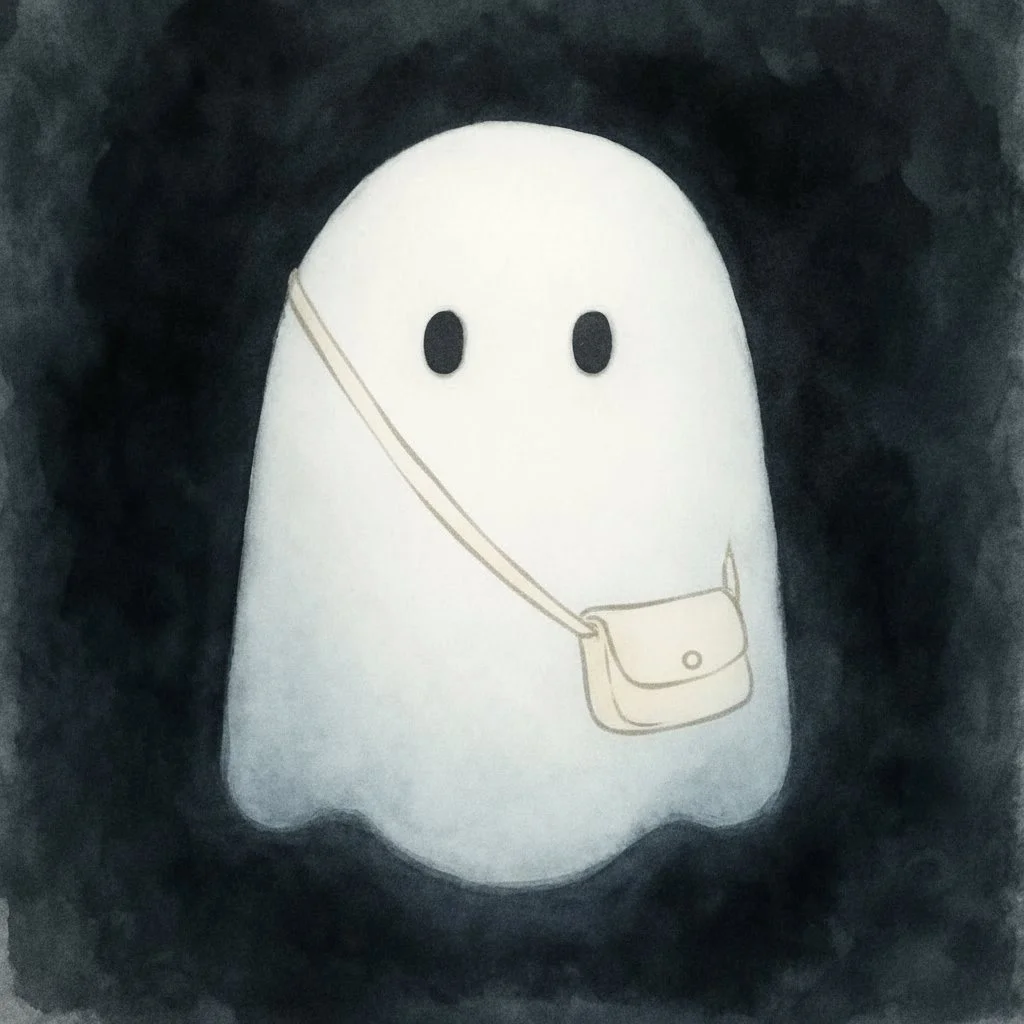 A simple illustration of a white ghost wearing a beige crossbody bag, set against a dark, cloudy background.