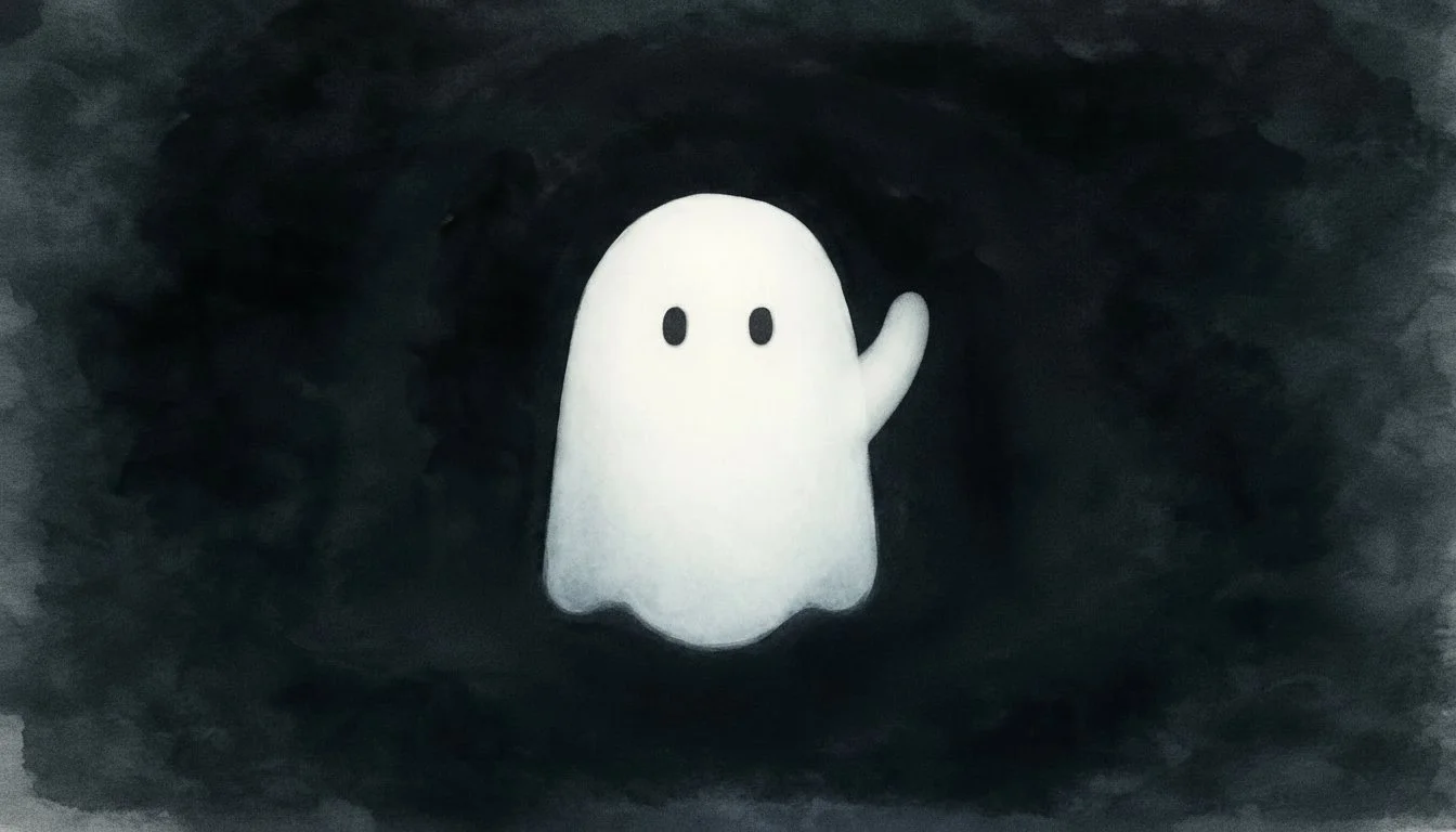 A cartoon ghost with black eyes and a small mouth, waving with one arm, against a dark, cloudy background.