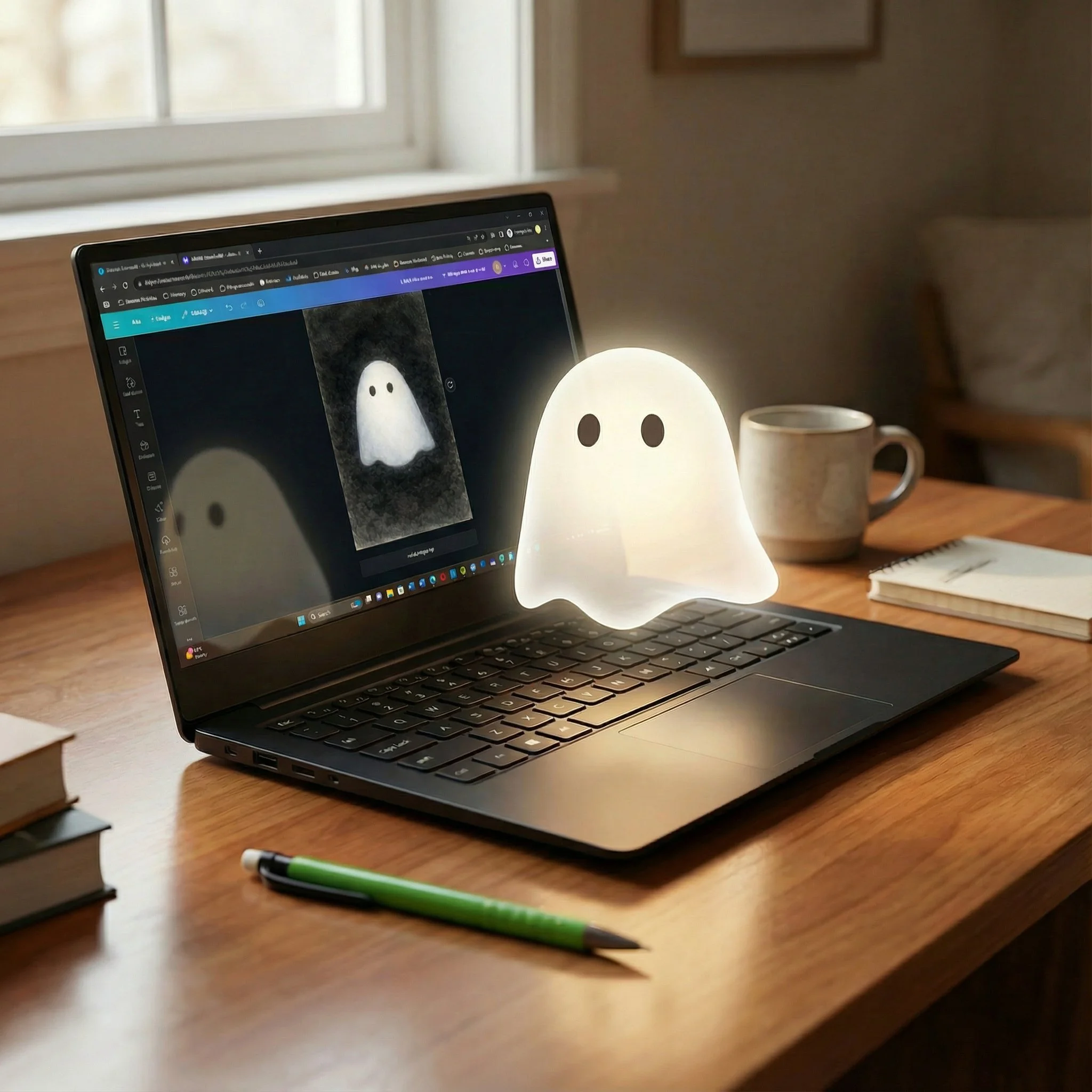 A ghost-shaped light sitting on a laptop keyboard, displaying a ghost image on its screen, with a cup, a notebook, a pen, and books on a wooden desk in a cozy room.